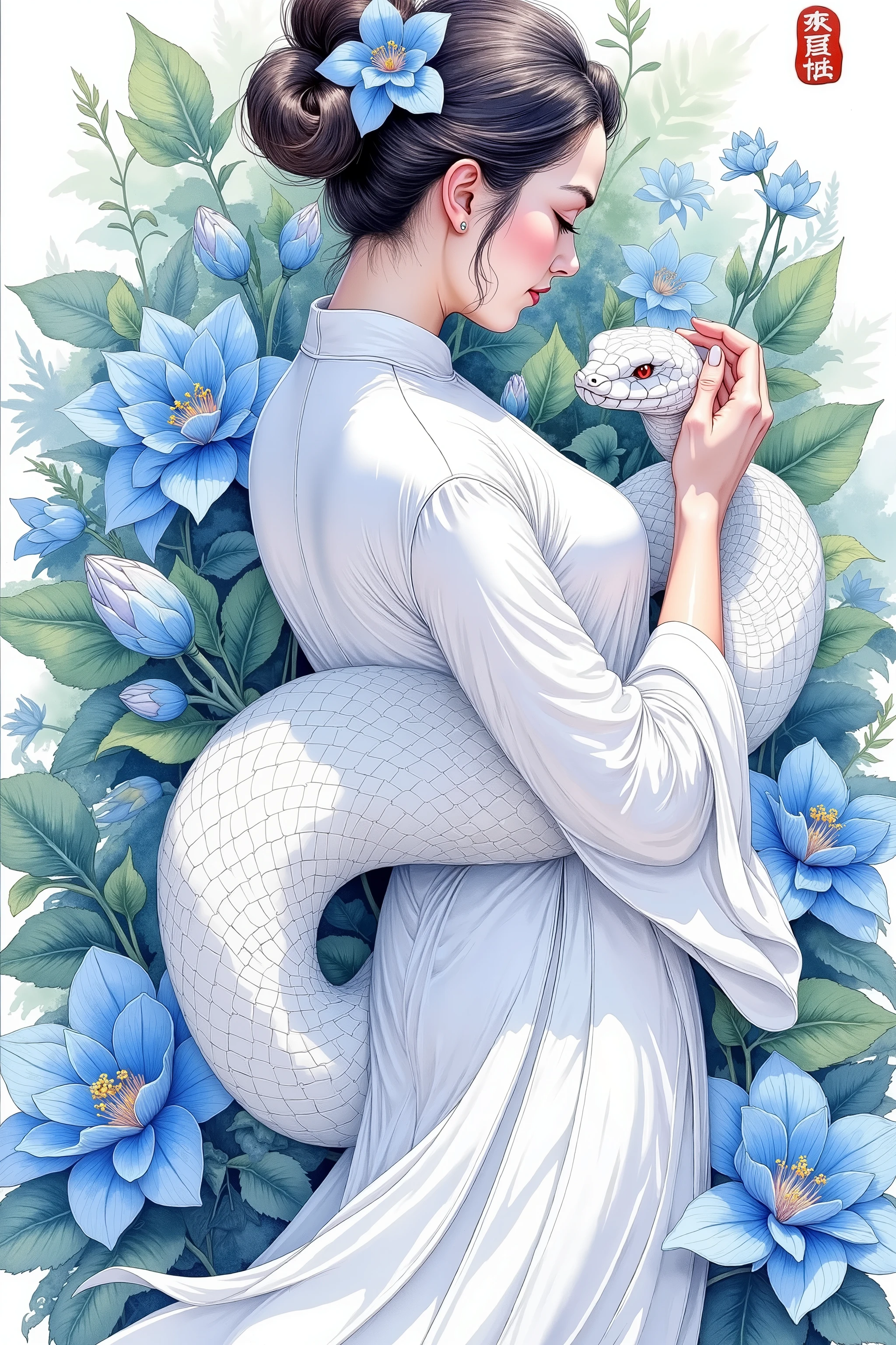 snake watercolor, a woman wearing a white choeongsam, petting a white snake, blue flower in background, Chinese theme