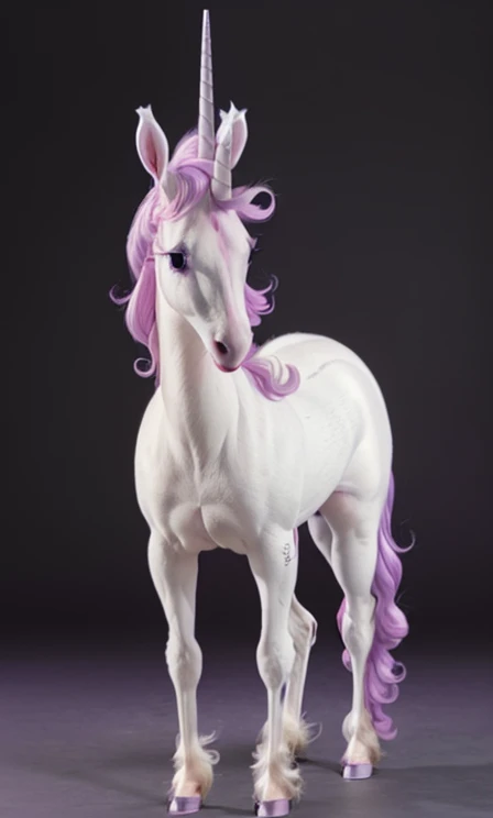 create ultra realistic images of a white unicorn on the set of the film Secrets of the Valley of the Moon, using the cool colors of purple, gris, black and blue in the scene. Make the most realistic images possible as if the unicorn were real, place the unicorn in frontal pose next
