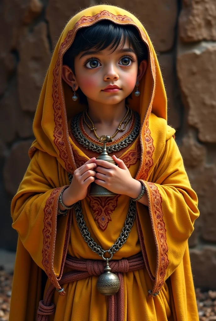 A highly realistic, high-contrast, 8K HD, detailed, hyper-detailed image of a baby standing alone in a medieval setting. The baby is dressed in the same traditional attire as seen in the provided image, with soft lighting highlighting the intricate details of the fabric. The baby stands confidently, looking directly at the viewer with a calm and curious expression. The atmosphere is serene and warm, capturing the innocence and strength of the child in this historical setting. The image is of the highest quality, with ultra-high resolution, RAW photo quality, and Unreal Engine rendering, showcasing the baby as the central focus, dressed in the same attire as in the original scene.