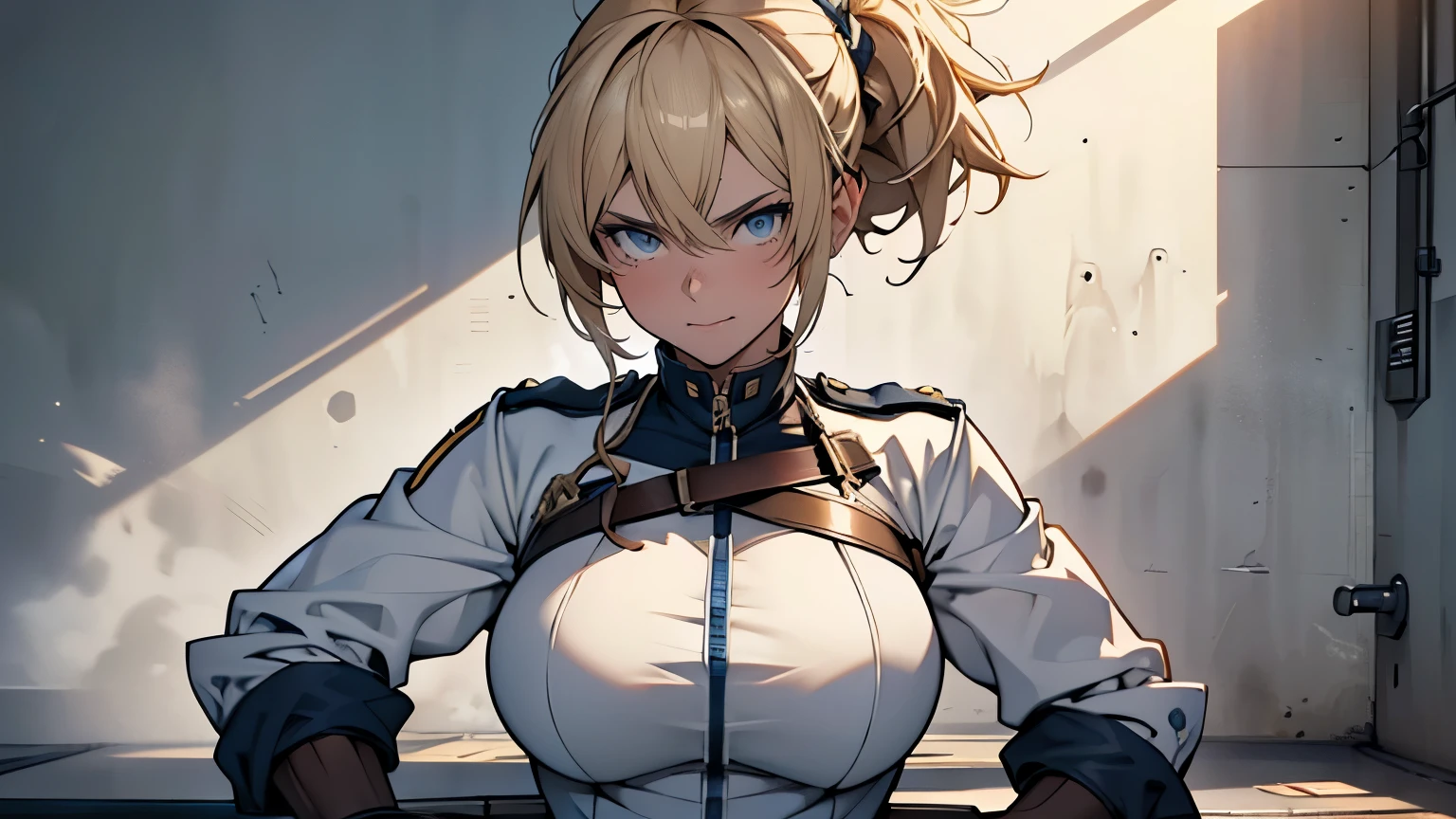 (High definition CG Unity 8k wallpaper). (masterpiece). (Highest quality). (Ultra definition). (Best illustration). (Best Shadow). (Absurd). Sweat. steam. stare. female police officer. She is 20 years old. Her hair is tied up. she is blonde. She is in uniform. Navy hot pants. Whip. Condescending eyes.