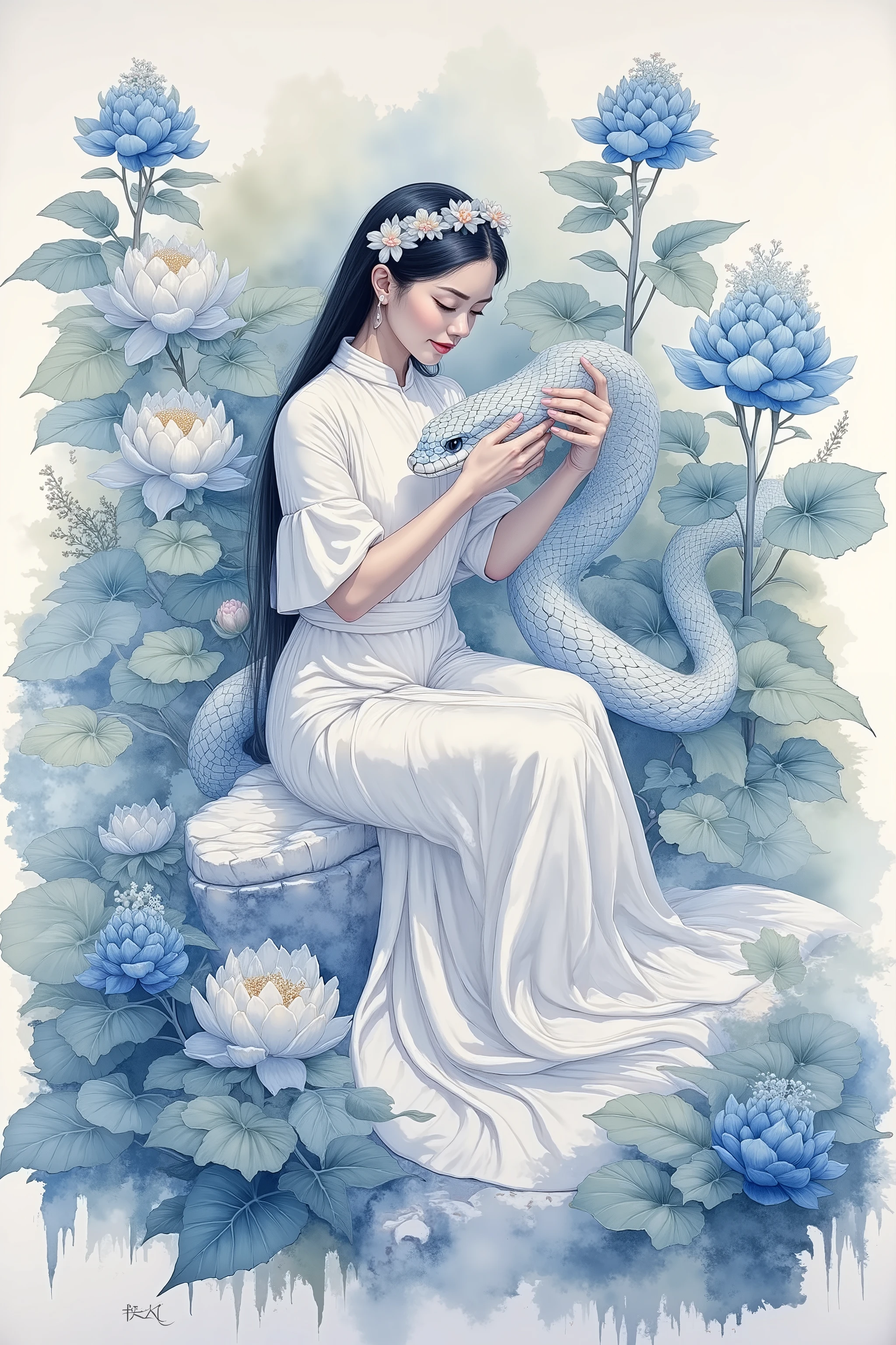 snake watercolor, a woman wearing a white choeongsam, petting a white snake, blue flower in background, Chinese theme
