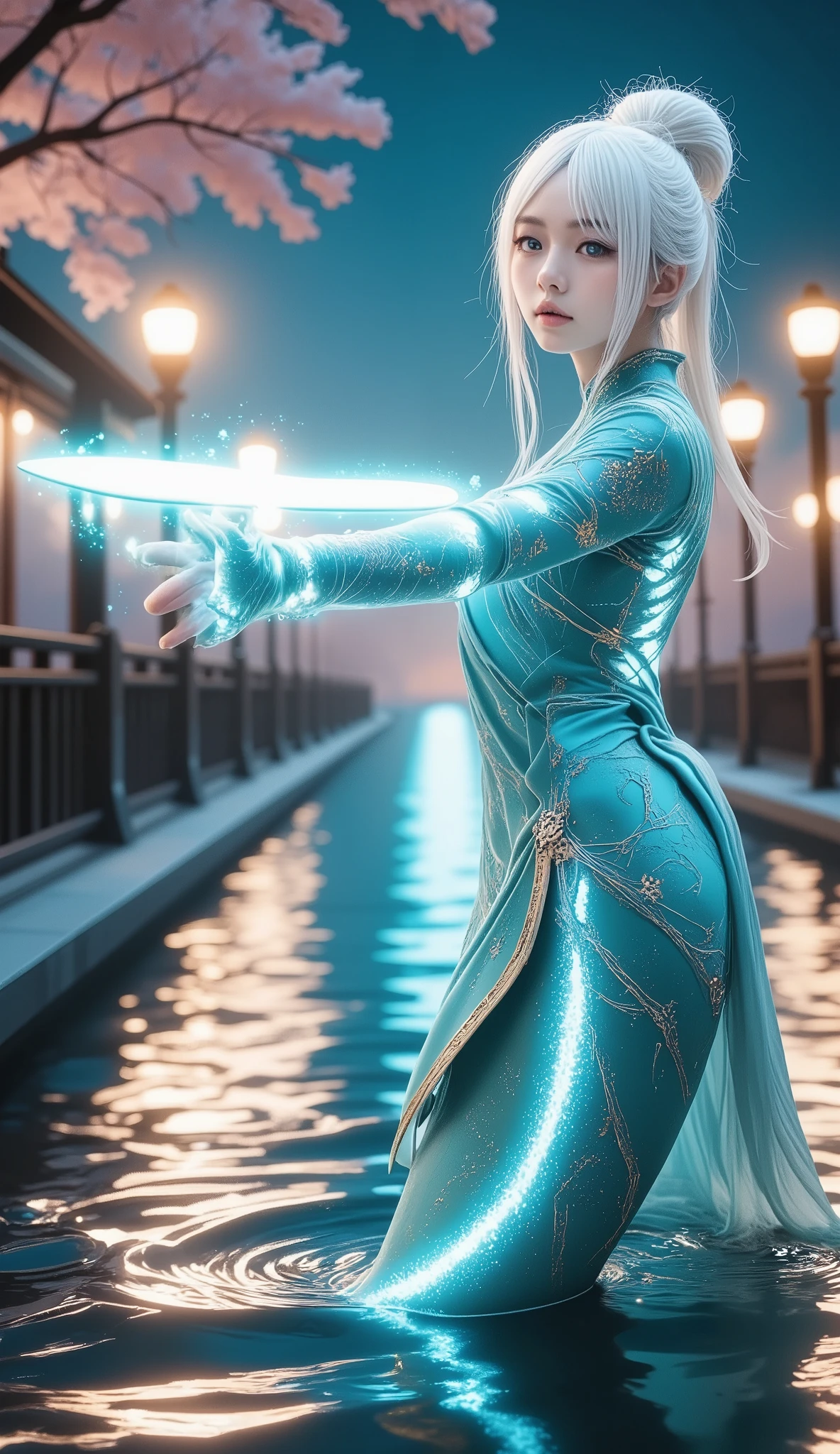 Water bender uniform, with long white hair controlling water, korra from the legend of korra,legend of korra setting, asian female water elemental, fan art, epic digital art illustration, steven artgerm lau, avatar the last airbender, big breast, robbed shirt, water elemet, water bender, water skill, White hair. Close up face, big breast, naughty face, katara hair, water tsunami, water ice. ((BIG BREAST)) ((WHITE HAIR)) ((FIX THE FINGERS)) 
