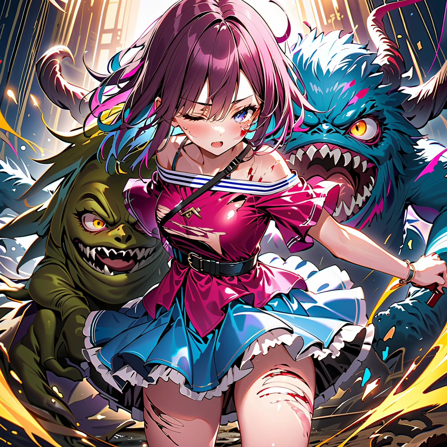 masterpiece, (((goblinriding, a goblin is riding a girl))), goblin, multiple goblins, goblins, (((all fours))), 1girl, (naked:1.1), (nose hook), reins, collar, chain, rope, obey, happy trance, smile, hair ornaments, expressionless, emotionless, blank eyes, empty eyes, mind control, horror, monster, glowing eyes, cheria barnes, pink hair, pink eyes, medium hair, medium breast, BUTTERFLY BROOCH, RIBBON, BOW,