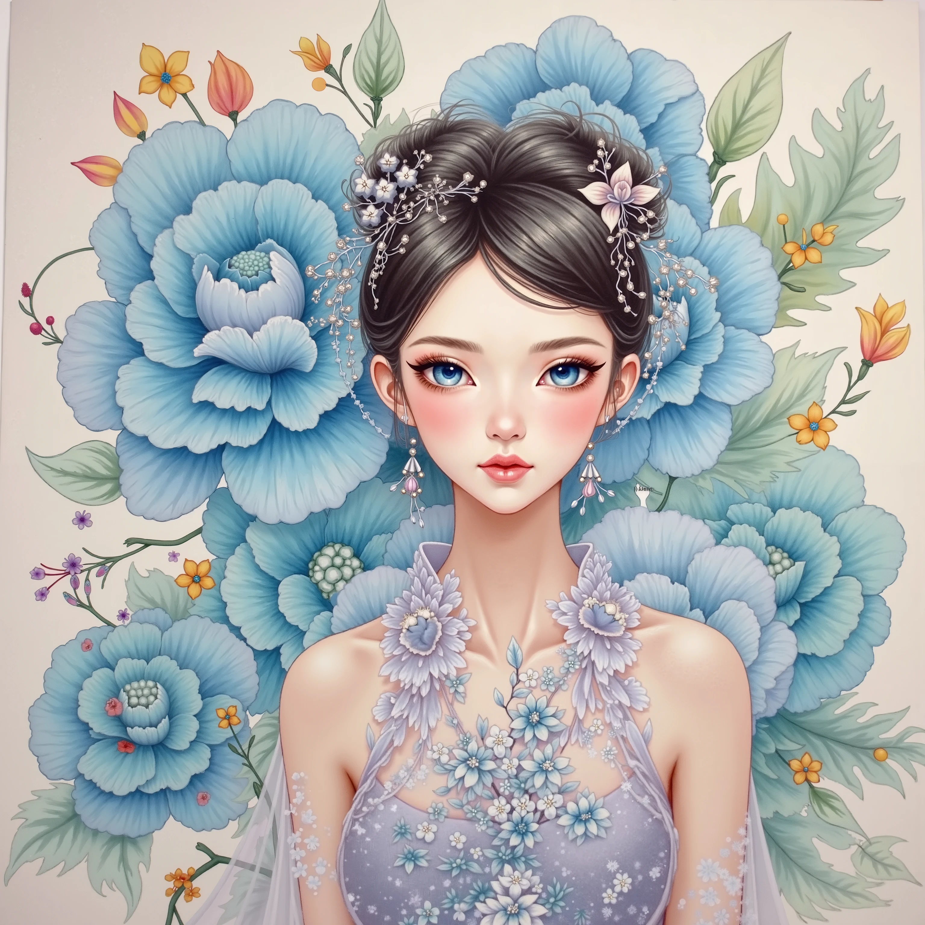 painting of a woman wearing Chinese dress, blue eyes, light blue flower in background, color splashing, pastel color, intricate detailed