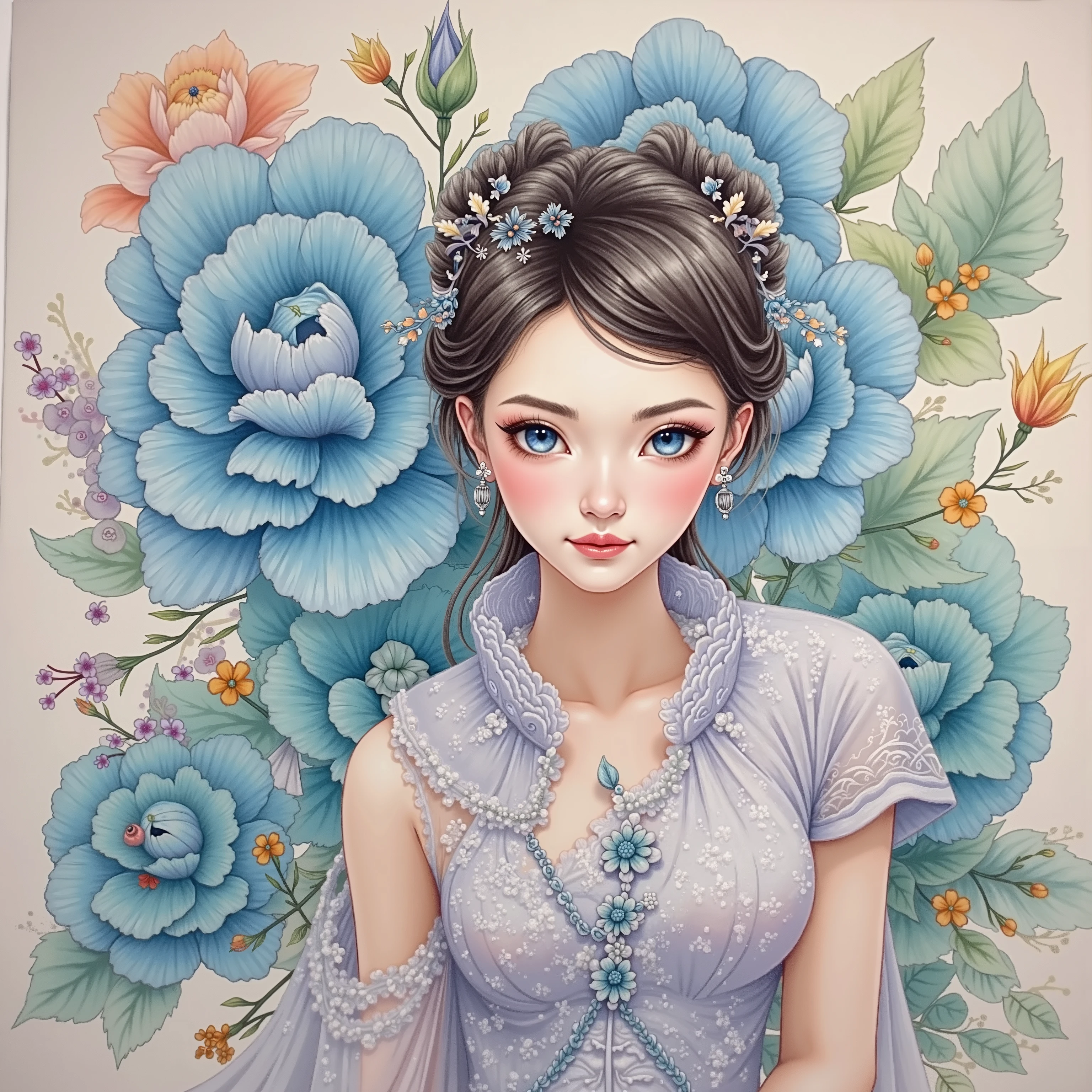 painting of a woman wearing Chinese dress, blue eyes, light blue flower in background, color splashing, pastel color, intricate detailed