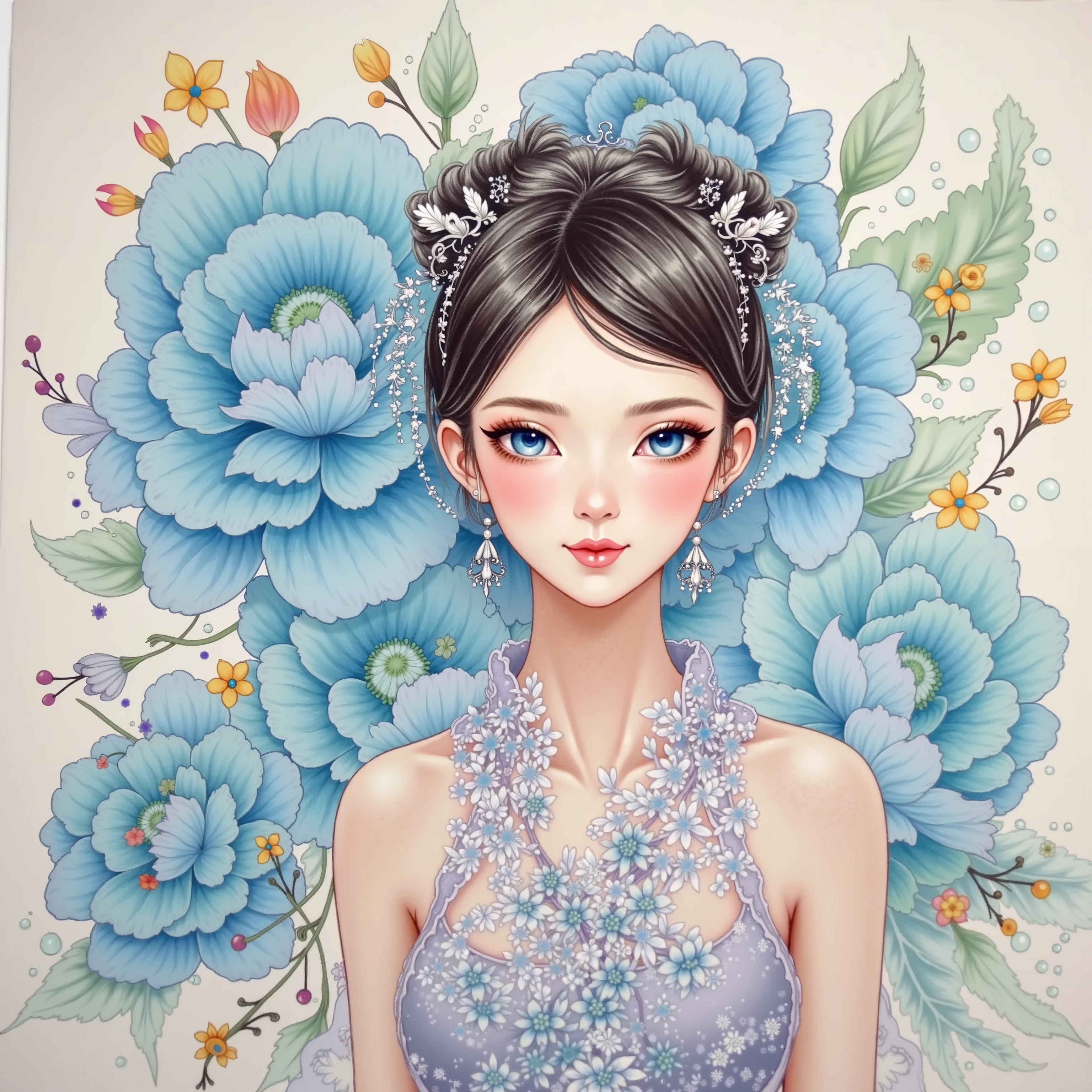 painting of a woman wearing Chinese dress, blue eyes, light blue flower in background, color splashing, pastel color, intricate detailed