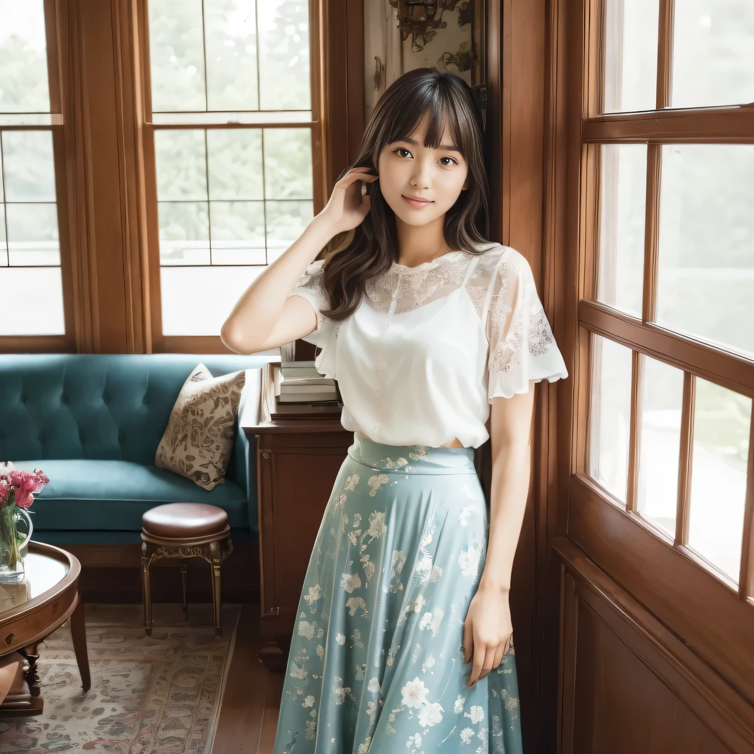 ( features a gentle and gentle expression :1.2), ( full body shot:1.3), ( Panorama :1.0), movie lights, (( top quality)), ( RAW photos , top quality), ( by Nomi:1.4), realism, Masterpiece, so delicate and beautiful, very detailed, 4k wallpaper, wondrous, finely, very detailed CG unity 8k wallpaper, very detailed, high resolution, Soft Light, Japanese, (one shot:1.9), (22 years old:1.9), (Round face:1.0), (Fat:0.8), (sex appeal, A Bewitching Woman:1.3), BEAUTIFULLY DETAILED WOMAN , with famous Japanese actresses , detailed face, kind eyes , finelyて美しい目, very detailedな目と顔, beautiful eyes and a beautifully detailed nose , ultra-high definition shiny lips , toned body , ( medium:1.5), Shiny Hair, glossy hair, Hair, (bangs:1.7), (smile:1.2), glossy and moisturized lips , natural makeup, (LET IT GO, white, feminine short sleeve chiffon blouse :1.3), (LET IT GO, Small floral pattern, Kinari, flare skirt :1.3), ( long skirt:1.7), emphasizes body line, ( big window, large luxury living room backdrop with antique furniture:1.5), (Standing gracefully by the window:1.5),