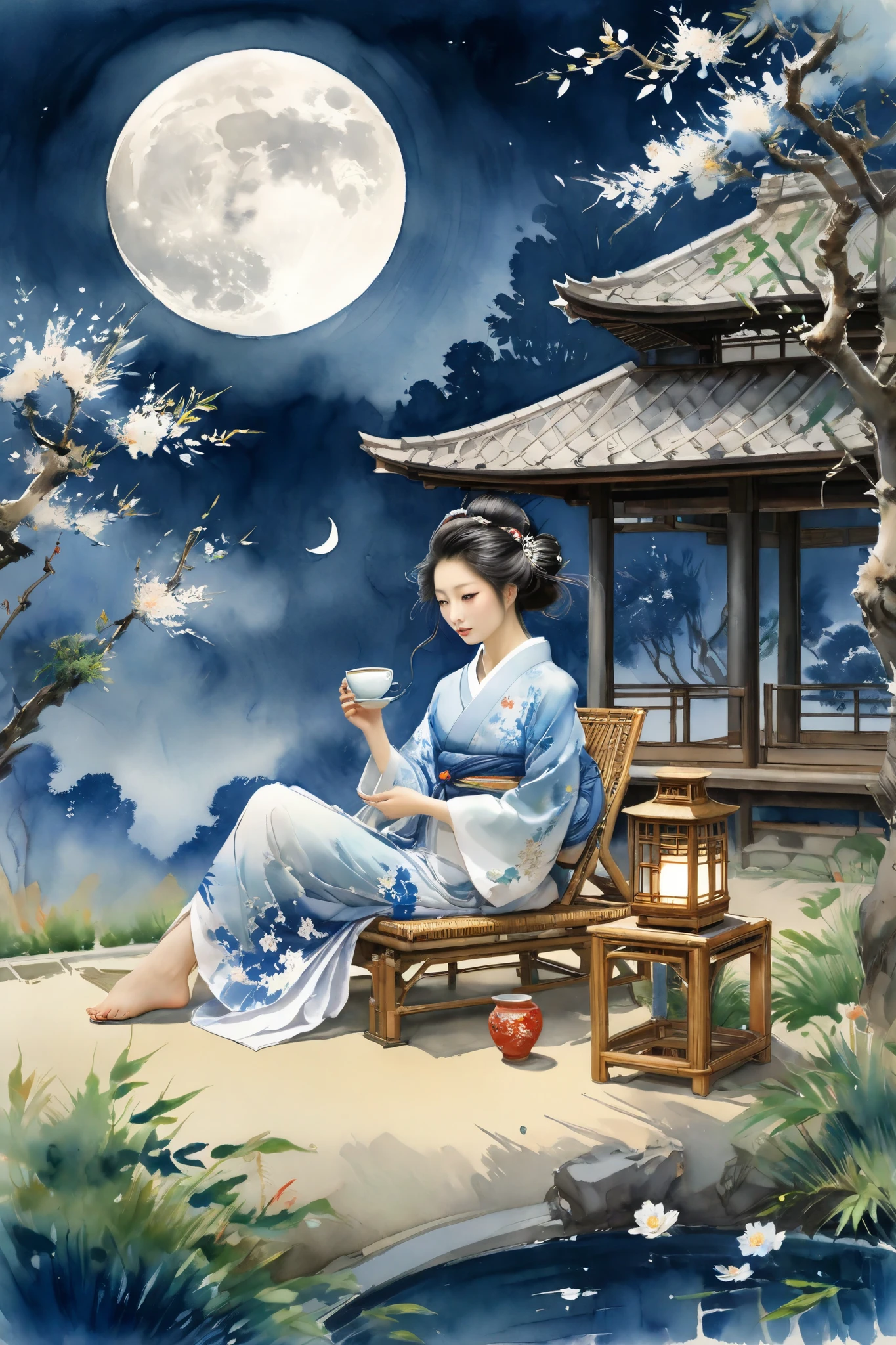 In the garden of an ancient building. There's a 20 year old Japanese woman under a cherry tree.The woman is reclining on a bamboo chair in the shade of a tree.Drinking tea under the moon.Mid-Autumn Moon.There's a cat next door .The moonlight gently illuminates the whole scene,Presenting a harmonious blend of natural beauty and artistic charm。Elegant watercolor painting、The tranquil style represents the natural landscape,It skillfully combines the essence of Western art 。Smooth ink brushstrokes、Elegant color tones and rustic paper texture,Together they create a calm and peaceful artistic atmosphere. The overall effect is 、 appropriately reflects the inner appeal of Western art。