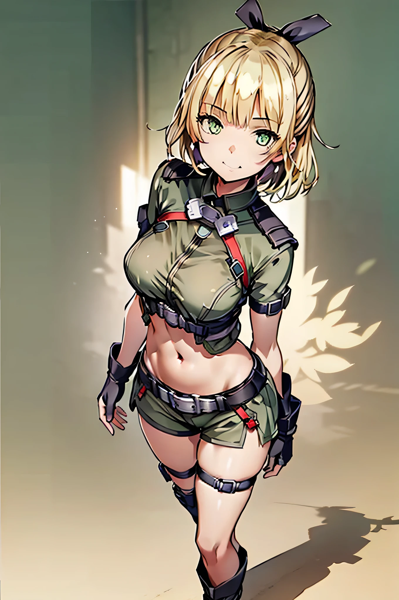 1 girl, boots, chest, ( short blond hair )、( black hair ribbon :0.4)、( green eyes), chest元, fingerless gloves, full body, gloves, high leg, and stare at the viewer, midriff, belly button, panties, shorts, simple background , smile, Alone, are standing, thigh strap, underwear