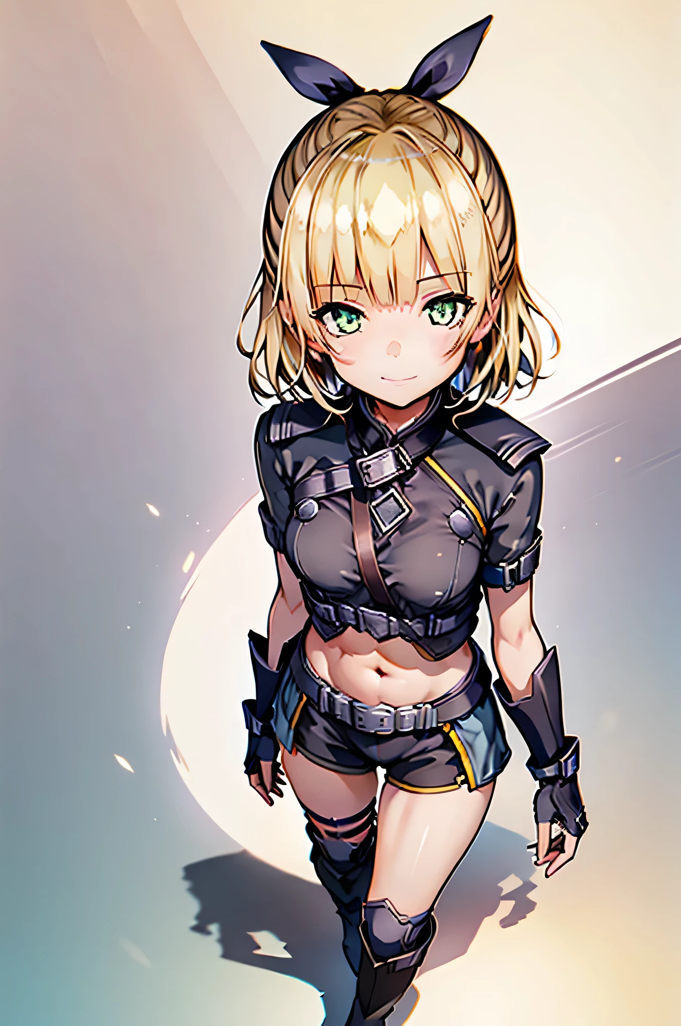 (( Masterpiece)),((( highest quality))), (( super detailed)), (( illustration)), Masterpiece, highest quality, high resolution, { beautifully detailed eyes }, I was particular about every detail, 4k wallpaper , beautifully detailed eyes , 1 girl, boots, chest, ( short blond hair )、( black hair ribbon :0.4)、( green eyes),(Nanase Nanami) ,chest元, fingerless gloves, full body, gloves, high leg, and stare at the viewer, midriff, belly button, panties, shorts, simple background , smile, Alone, are standing, thigh strap, underwear