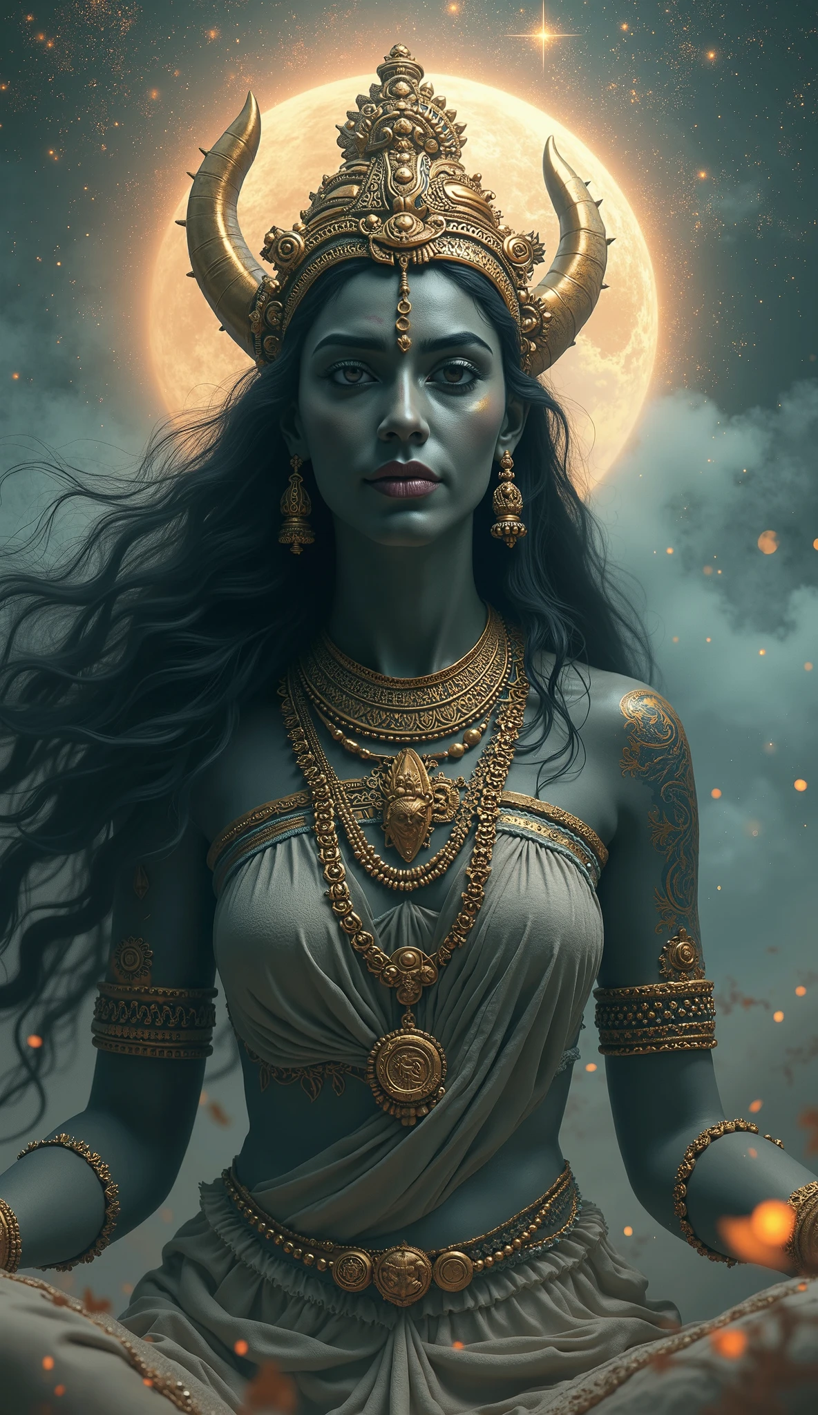 ((best quality)), ((masterpiece)), ((ultra realistic)), ((dark fantasy style)), beautiful intricately detailed soft oil painting, The goddess shiva, all encompassing cosmic being, vast and unknowable, the embodiment of all existence, (meekness, compassion, wrath, retribution, guidance, sacrifice, love:1.2), hard edge lighting,  professional, soft volumetric lighting, depth of field, film grain, smooth, roughness, real life,
