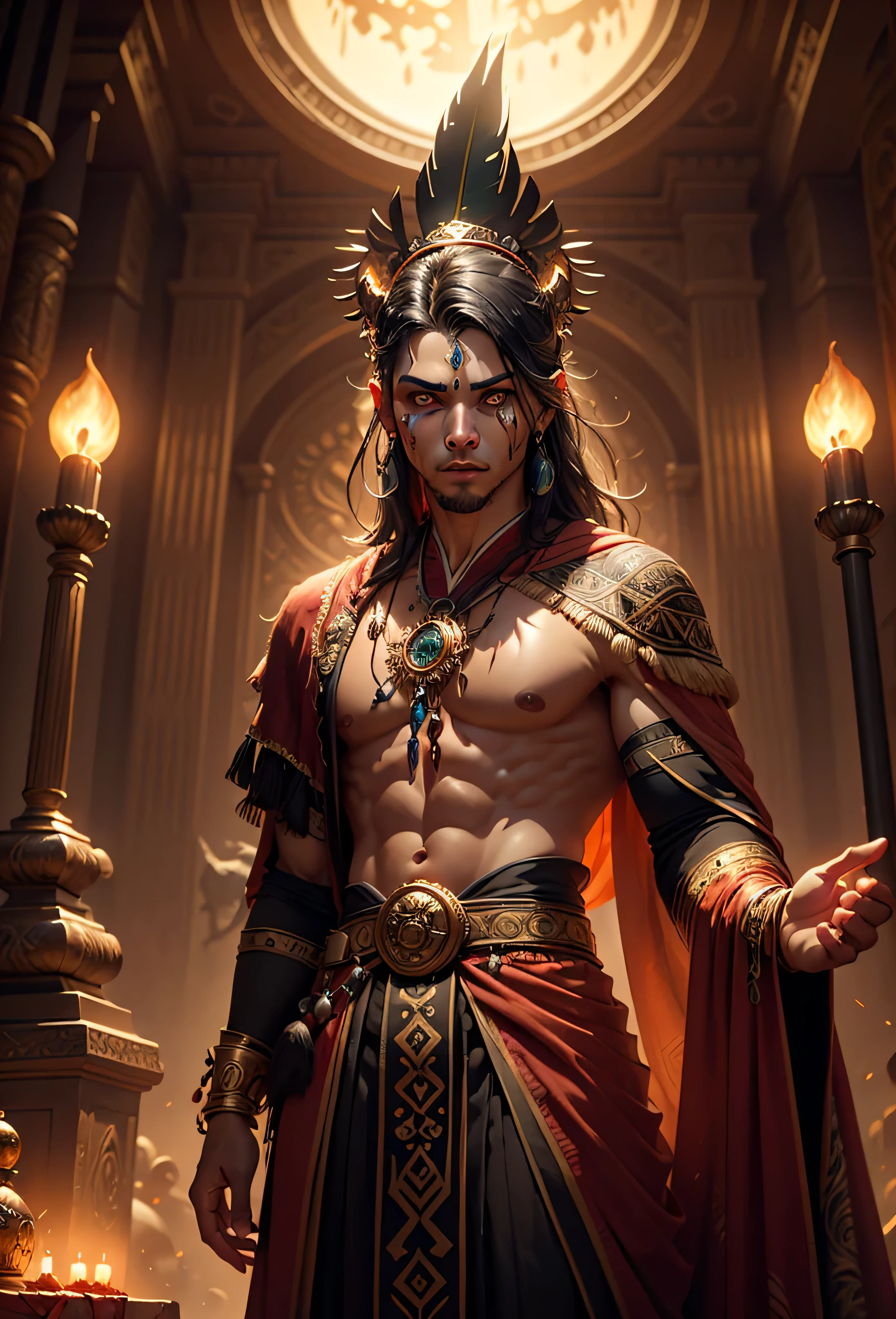 human, african appearance, 1male, 1man, 1boy, Aztec blood mage priest, standing, atop a towering stone pyramid, bathed in the crimson glow of a ritual, full moon. ornate headdress, vibrant quetzal feathers, golden ornaments, face is painted with intricate red and black markings, supernatural power eyes glow, richly decorated ceremonial robe, jaguar pelts, woven textiles, ancient glyphs, sacrifice and divination, holds a ritual obsidian dagger, dripping with fresh blood, glowing enchanted heart, pulses with eldritch energy, mystical red sigils float in the air, blood-stained altar, (insanely detailed, beautiful detailed face, masterpiece, best quality), cinematic lighting, solo, cowboy shot, front view, looking at viewer, intricate, high detail, sharp focus, dramatic, photorealistic painting art by greg rutkowski