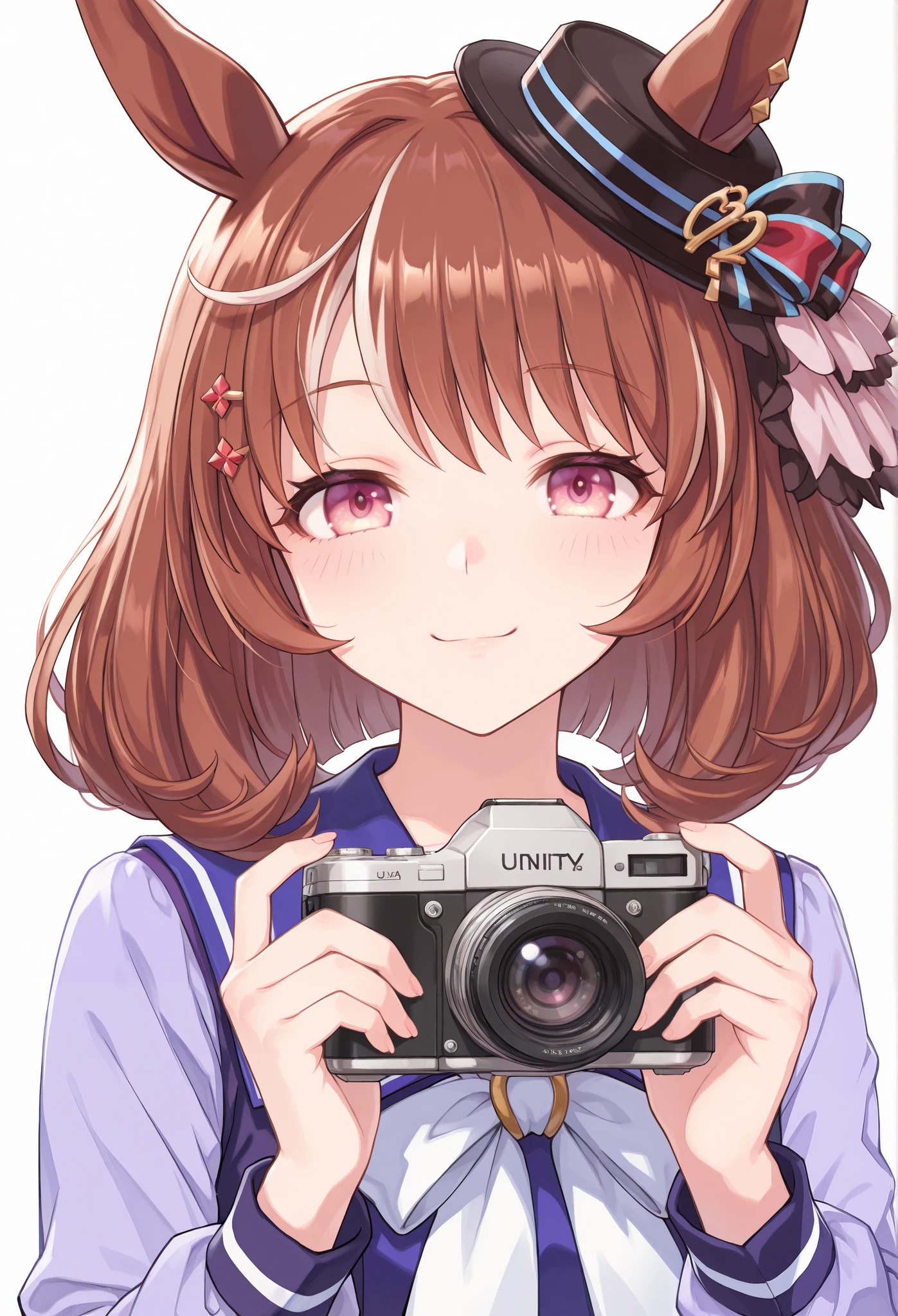 {{{Racecourse:1.6}}} {{{ 【 focusing on upper body :1.5}}},( high resolution),( high resolution), ( Unity 8k Wallpaper),( detailed image ), {{{Type Moon :1.7}}},((draw:1.5)), {{{North Flight}}}\( Uma Musume\)},{ seductive smile },\(Uma Musume\),\( Uma Musume\), Official Costume,{Great excitement}{Mischievous face}、 {{{ girl holding a SLR camera }}} 、{{{ girl shooting with camera }}},{ A girl holding a camera in her hand }, { front view}\( Uma Musume\),