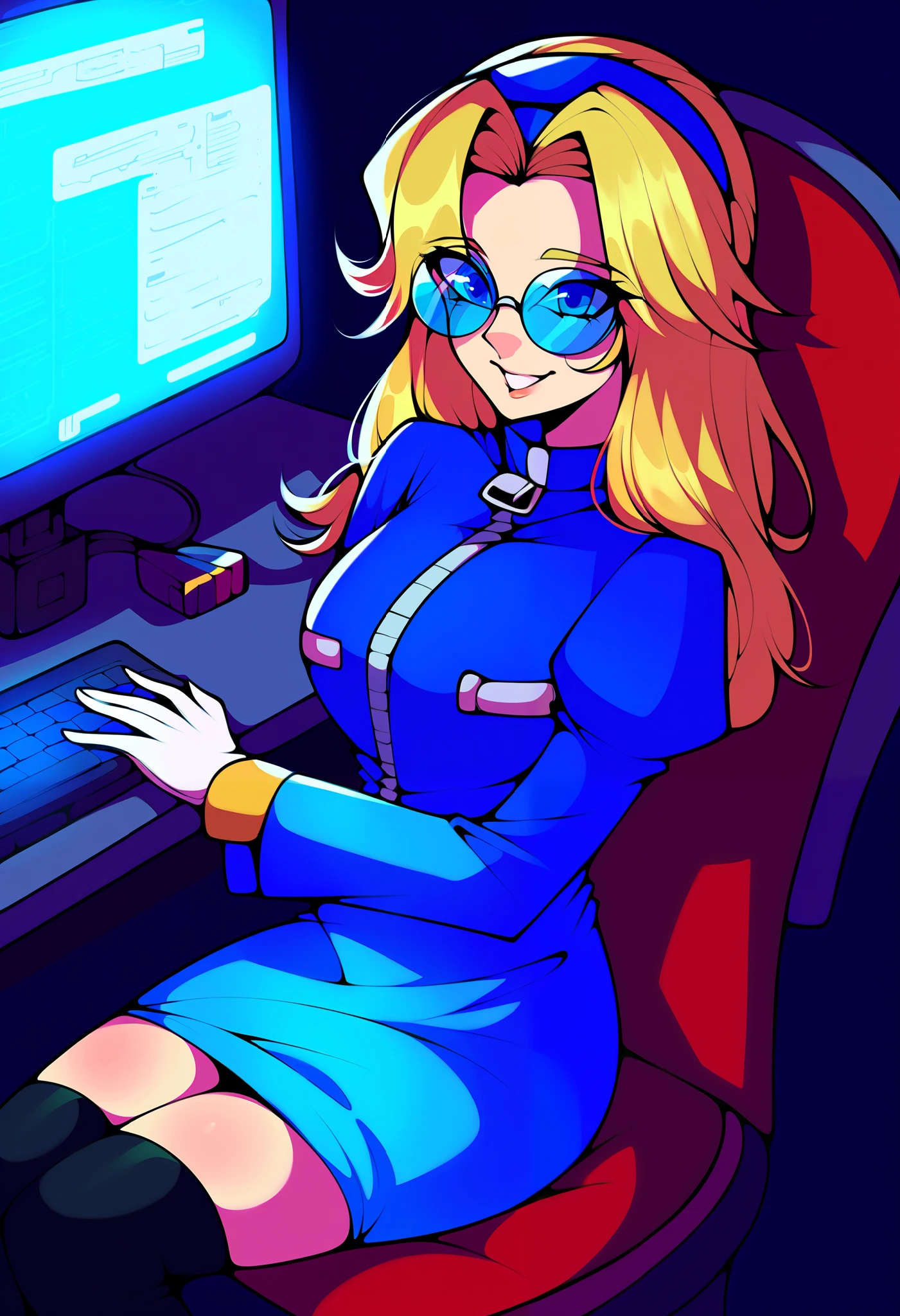 score_9, score_8_up, score_7_up, source_anime, (best quality), (masterpiece), (extremely detailed), (finely detailed), (detailed face, perfect face, perfect eyes, beautiful detailed shading), (perfect hands), (soft colors), BREAK, 1girl, blue eyes, blonde hair, long hair, parted bangs, round blue-tinted eyewear, blue tinted glasses, goggles, goggles on head, (Eggma’am coat but blue), blue coat, long sleeves, zipper pull tab, white gloves, large circle skirt, light blue skirt, zettai ryouiki, black thighhighs, thigh boots, (large breast), (laboratory), close mouth, small smile, bad girl, sitting in chair, advanced computer, unifiedmaria, Maria dressed similarly to Eggma’am, older version of Maria, adult