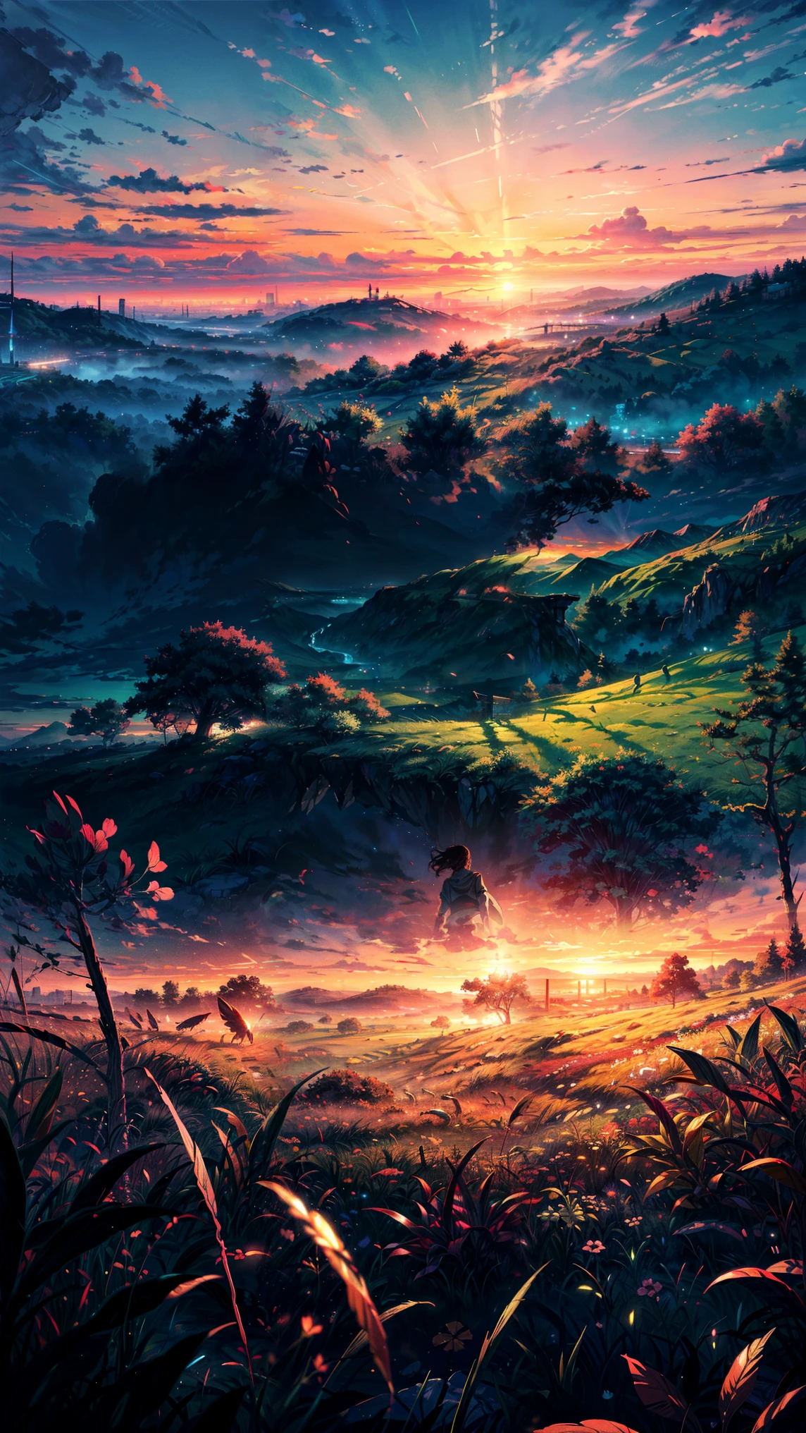 The sunset sky casts a soft glow, creating a tranquil and cinematic atmosphere. A gentle breeze moves through the grass, adding a sense of motion. The scene is highly detailed, with a painterly anime aesthetic that captures the beauty of nature and adventure.", landcape, fantasy