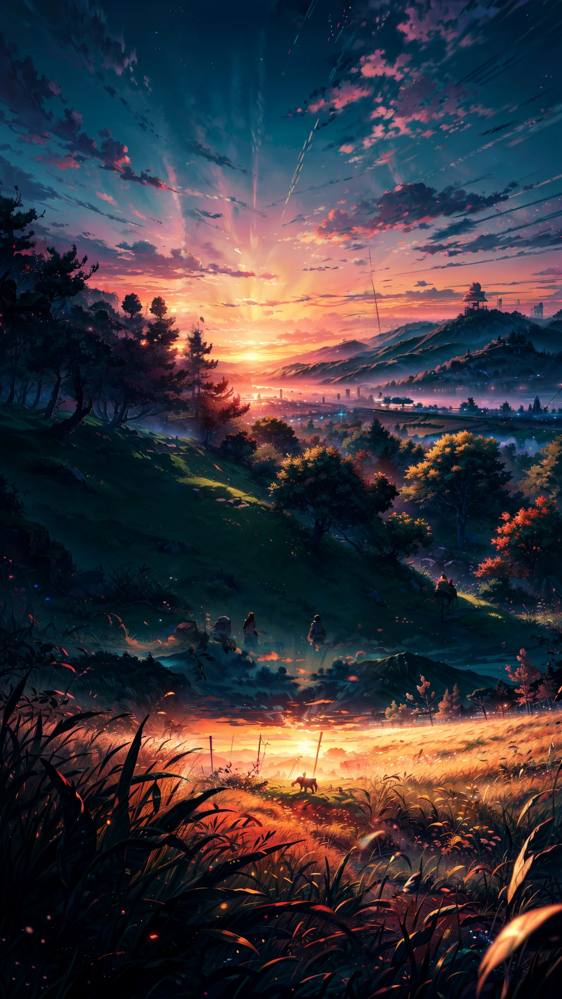 The sunset sky casts a soft glow, creating a tranquil and cinematic atmosphere. A gentle breeze moves through the grass, adding a sense of motion. The scene is highly detailed, with a painterly anime aesthetic that captures the beauty of nature and adventure.", landcape, fantasy