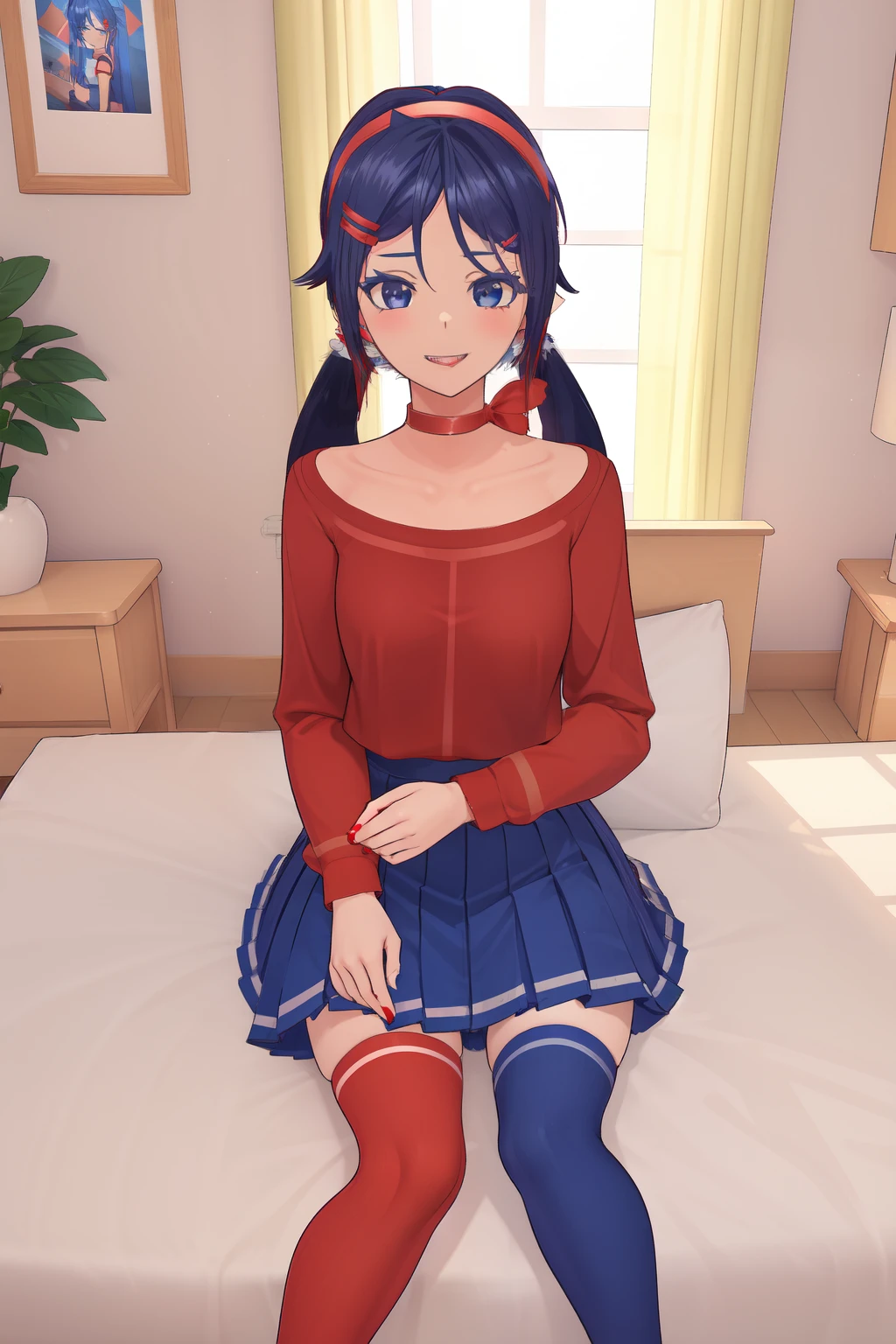 mita_long hair, blue eyes (detailed), body outline, blue hair, short hair, red shirt, blue skirt, pleated skirt, red thighhighs, breasts, red choker, blue sandal, hairclip, pov lower sandal, hairband, long sleeves, lying on bed, sexy pose, smile, smug, blushing, touch hair (detailed pic),mita, 1girl, solo, hair ornament, twintails, red choker, red shirt, red hairband, long hair,blue_eyes, red thighhighs,blue hair,blue skirt, sharp teeth, (tongue out), hauntedglow, glowing eyes,{{crazy smile, sadistic smile, closed teeth}}, ((empty eyes)), {{glowing eyes, glowing particles, glow}},