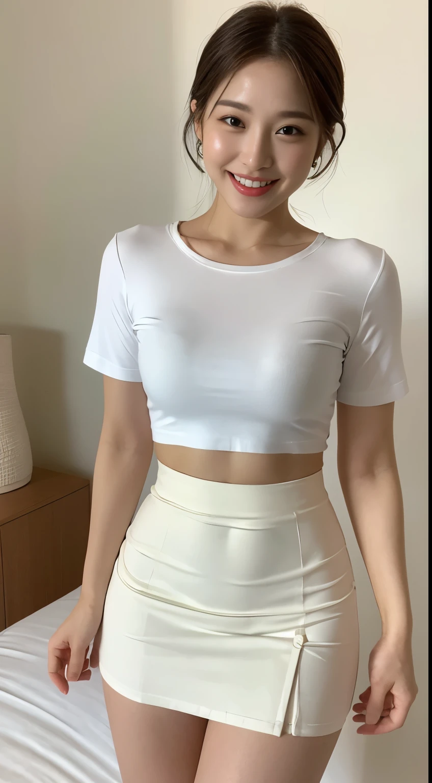 White tight shirt、White tight mini skirt、a bed、a smile、shortsleeves、high-level image quality