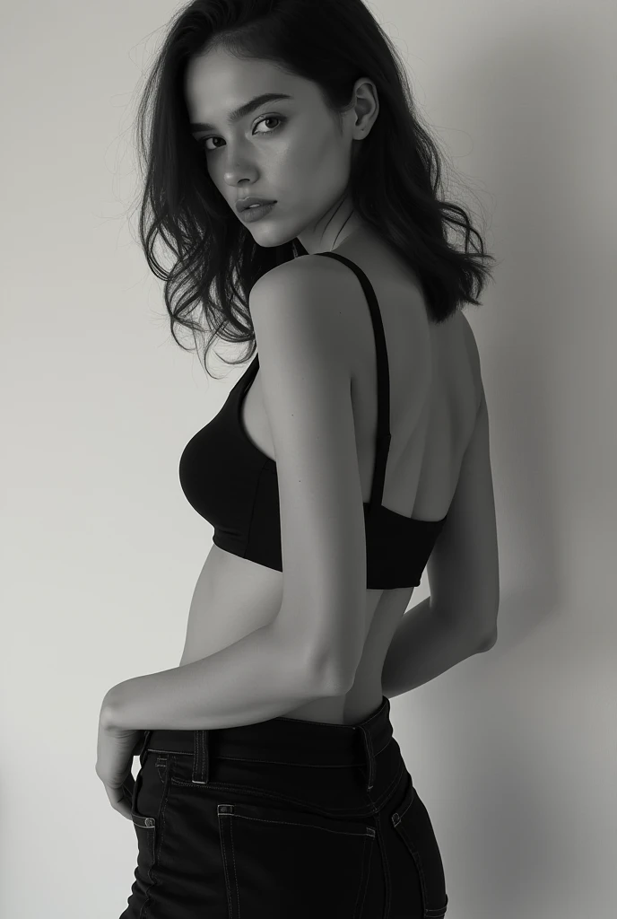 portrait Beautiful sexy brunette woman sensual in underwear black and white photo from behind