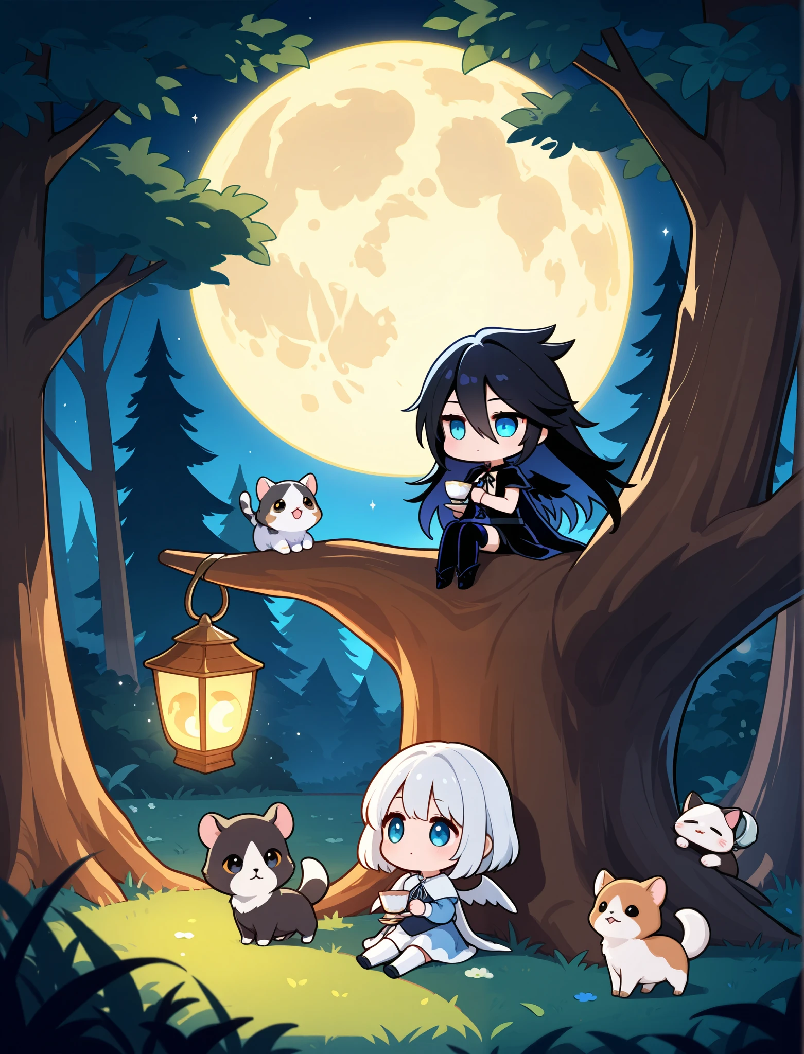 group of animal, sitting, forest, teacup, chibi, chibi animal, cute, full moon, midnight, lantern, glowing moon
