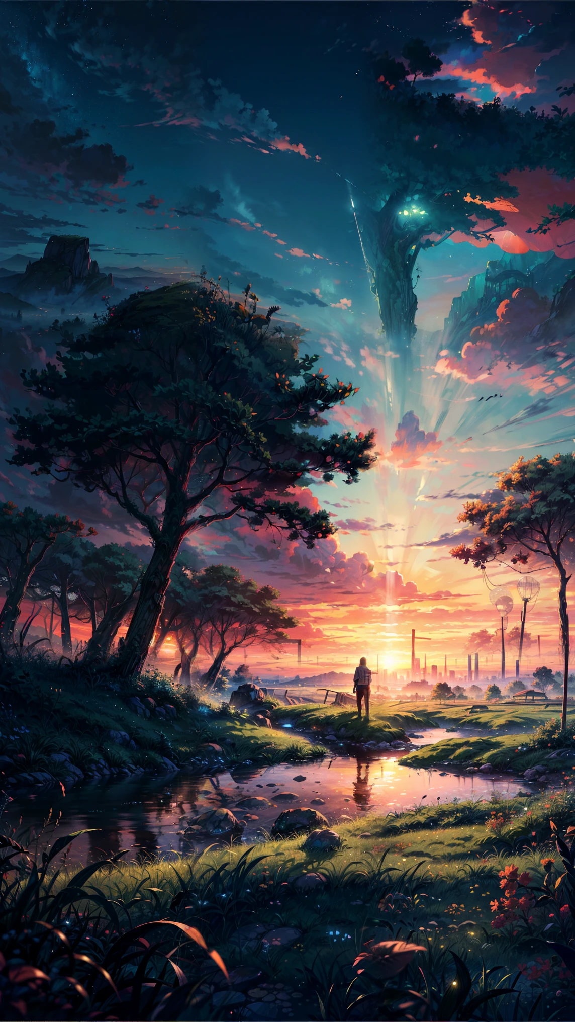 The sunset sky casts a soft glow, creating a tranquil and cinematic atmosphere. A gentle breeze moves through the grass, adding a sense of motion. The scene is highly detailed, with a painterly anime aesthetic that captures the beauty of nature and adventure.", landcape, fantasy