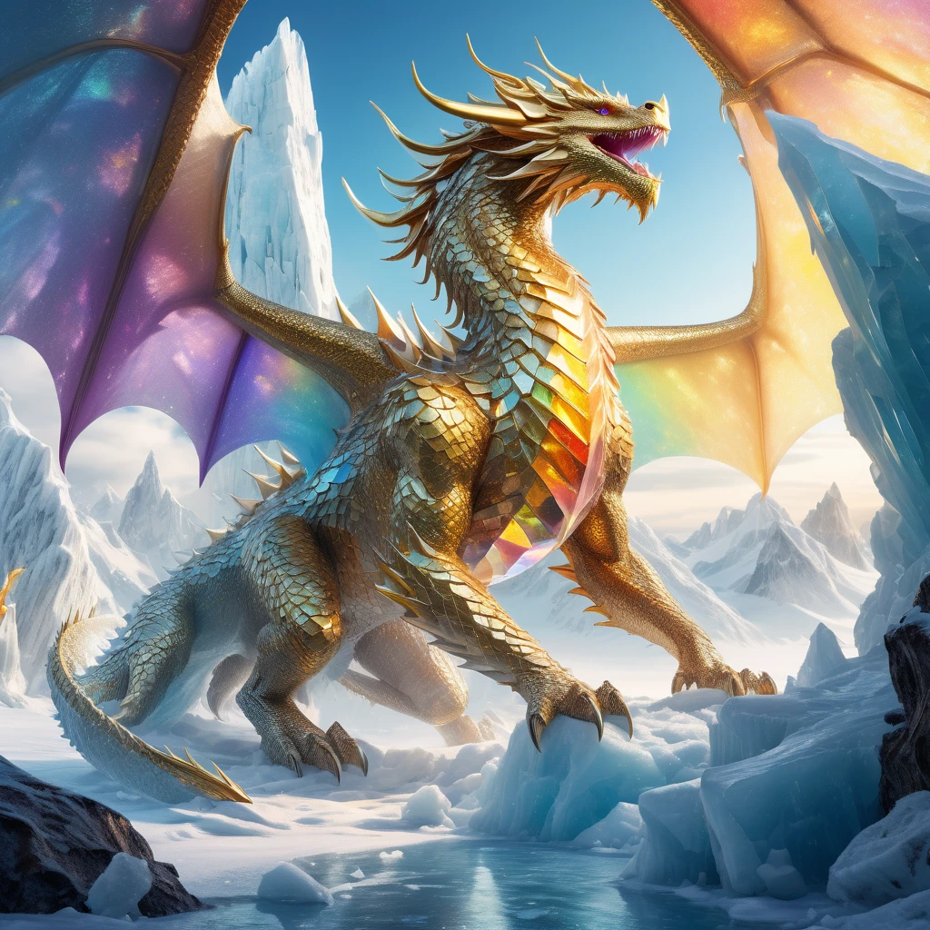 extreme long shot, BREAK, A silver dragon with (2 wings) in an ice cave, ((((ice pillars in the foreground, dragon partially hidden by ice)))), BREAK, ((((large pile of tiny golden coins, gems, and fantasy weapons)))), BREAK, mystical creature, realistic, ultra detailed, masterpiece, dynamic pose, moonlit through the ice, (luminous mist on the ground)