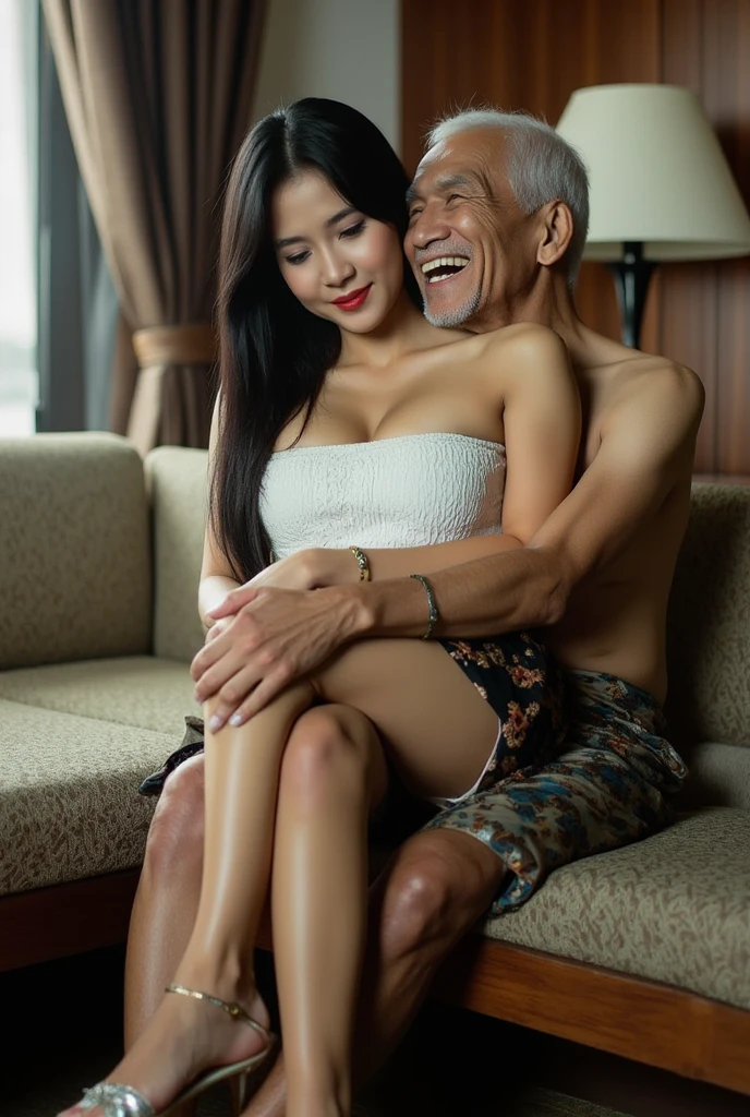 photo of an ugly javanese old man with slightly bald, wrinkled face with a big flat nose, a small frail body with a short stature, and neatly trimmed beard and moustache wearing batik tshirt, in a very intimate bedroom setting: Sitting on a couch with an extremely gorgeous woman sitting on top of him facing one another, who is a milf with a beautiful angelic face with a perfect overall symmetry, wearing a thick medium hair on a brown glossy tresses hairstyle, delicate soft skin with a white skin tone, an enticing voluptious well-proportioned physique, a thick body, wide hips, huge saggy breasts, wearing white sheer button down chemise dress, with a low v-neck cut, top buttons undone, cleavage, collarbone, which intensifies her sex appeal as she seductively leans forward intimately, ensuring his head is parallel to her breasts, staring at one another, in an intimate atmosphere, genuine emotions, highly detailed features, detailed background, full body capture, dynamic view, highres