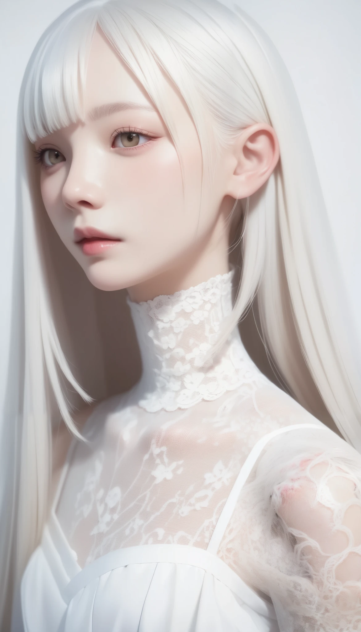 Perfect anatomy, Japanese girl, slightly short neck:1.7, albino skin, white hair, straight long hair, light brown eyes, high-neck lace fabric, white clothing, artistic.