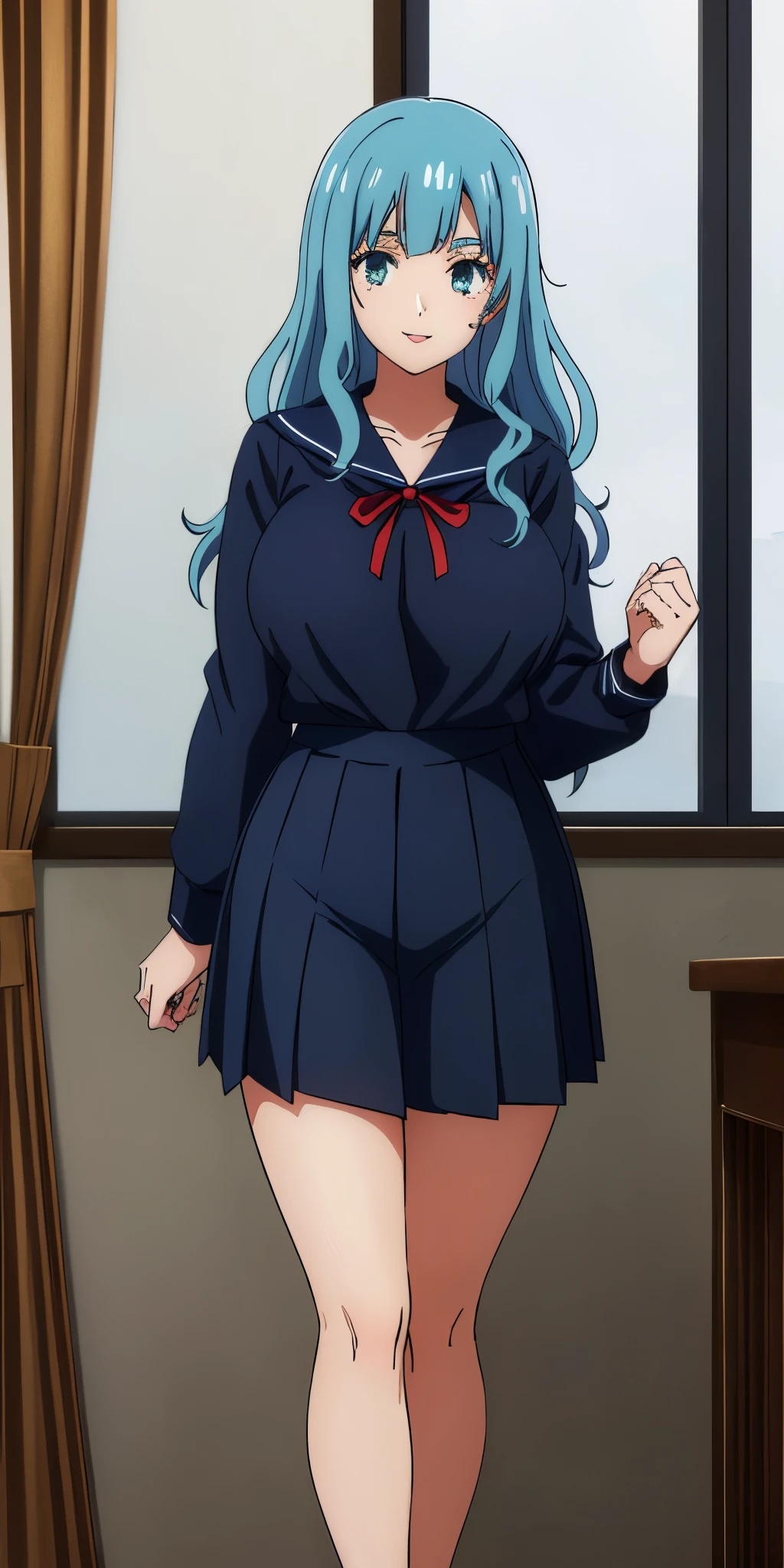 Young woman drawn in 80’s anime art style.
Retro anime. Vintage Anime. Classical Anime.
She has long and wavy blue hair, green eyes, full lips, and a beauty mark located under the right side of her mouth. She is well known for her curvaceous figure of which her most distinctive trait is her very large breasts. She has a sinister smile.
Meanwhile she is also visiting a High School!
She is wearing a sailor fuku (セーラー服, sērā fuku, sailor outfit) is a common japanese style of uniform worn by women, traditionally by high school female students.
The uniform generally consists of a sailor-styled blouse attached with a (Navy blue sailor-style collar) and a Dark Navy Blue Sailor Blouse. The length of the long skirt goes down past her ankle.
A ribbon is tied in the front and laced through a loop attached to the sailor blouse. The color is the ribbon is red. (RED RIBBON)
(Dark Navy Blue Sailor Shirt)
(Dark Navy Pleated Skirt)
(High School)