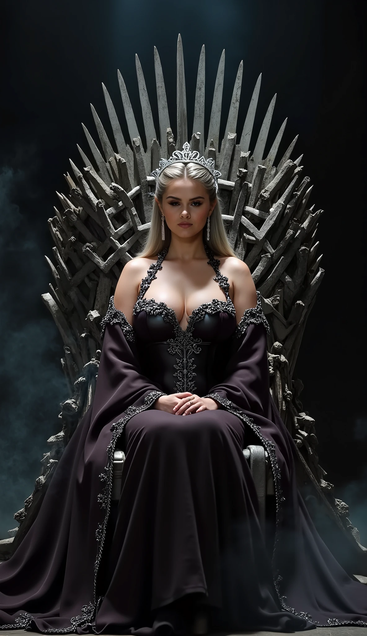 Selena Gomez sits majestically on the Iron Throne, her posture commanding and regal. She wears an intricate gown made of rich dark fabrics, embroidered with Targaryen sigils and subtle dragon motifs, showcasing her noble lineage. Her long, silvery hair flows down her back, framing her face, with a crown of delicate silver filigree adorning her head, signifying her status as a queen. The Iron Throne looms behind her, its jagged swords protruding in every direction, reflecting the harshness of the seat of power. her expression is fierce yet composed, her gaze piercing and full of determination. The dim torchlight from the surrounding chamber creates dramatic shadows, highlighting her strength and the weight of the throne she occupies. Her hands rest confidently on the armrests, ready to embrace the responsibility of the throne with unshakable resolve, black hair, ((big breasts)), ((huge cleavage)),black background with smoke around