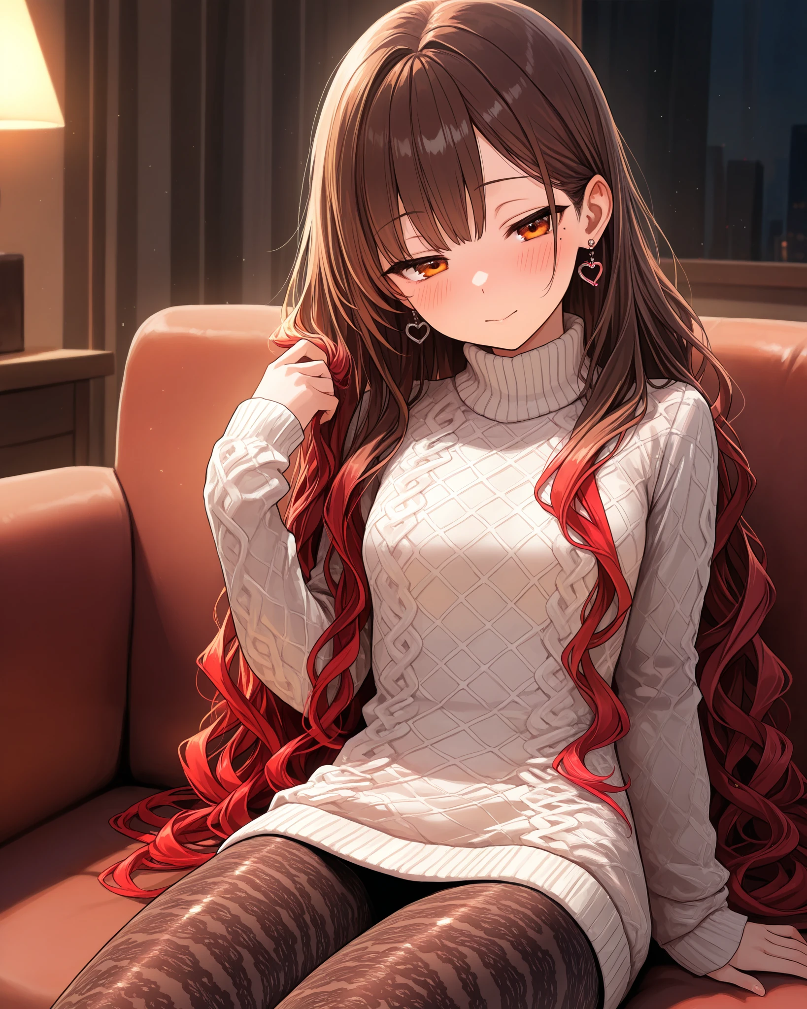 portrait, very cute face, cute girl, solo, long hair, wavy hair, ((brown hair with red ends)), Mole under the left eye, half closed eyes, orange eyes, flat breasts, ((Plaid patterns turtleneck sweater)), long sleeves, heart Pierced earrings, plaid patterns tights, blush, flawless smooth skin, living, couch, raw,
particles, fractal, (best quality,4k,8k,highres,masterpiece:1.2),ultra-detailed,intricate details, high fashion, dramatic lighting, warm colors, chiaroscuro