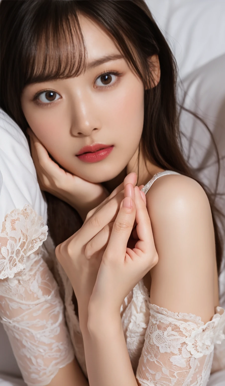 1girl、Smiling Korean Woman、Long curly hair、Korean woman lying in bed、natta、full bodyesbian、white lace underwear、Orgasmic expression、sexypose、a closeup、8k、RAW Photography、top-quality、masterpiece、realisitic、Photorealsitic ((full body:1.3))