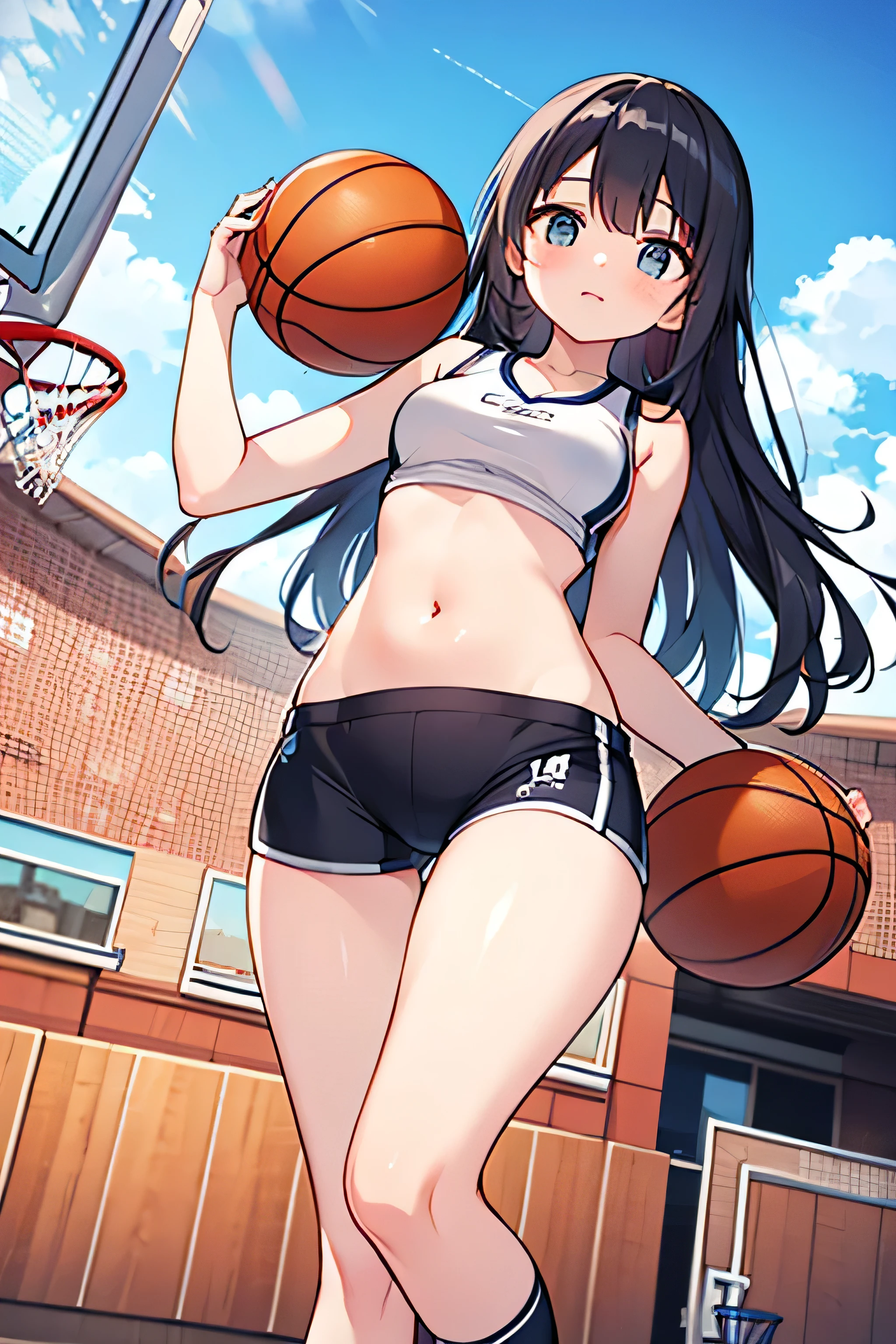 Sport girl, basketball player, white compression shorts, sports bra, bare belly, basketball court, thigh gap, from below
