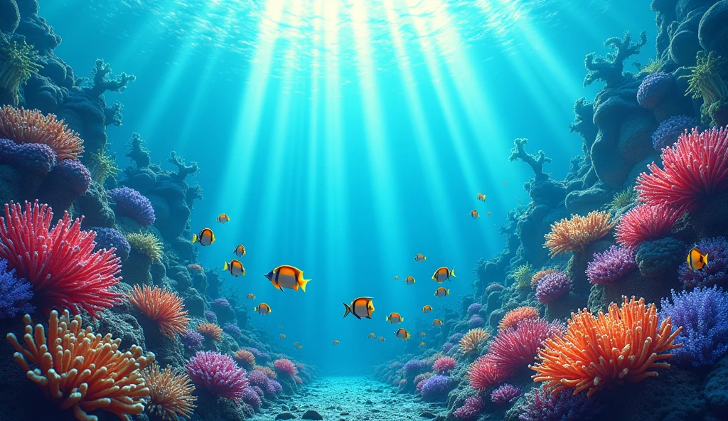 Deep sea floor，Deep trenches under the sea，Mysterious light，A variety of marine life，Beautiful coral reef，(Colorful tropical fish:1.2)，Various seaweeds，glowing jellyfish，light  leaks，depth of fields，Amazing scenery，filmgrain，color difference，动态照明，Dramatic lighting，hdr，realisticlying，filmgrain，color difference，A high resolution，Hyper-detailing，finedetail，The is very detailed，shadowing， foco nítido，cinematic ligh，