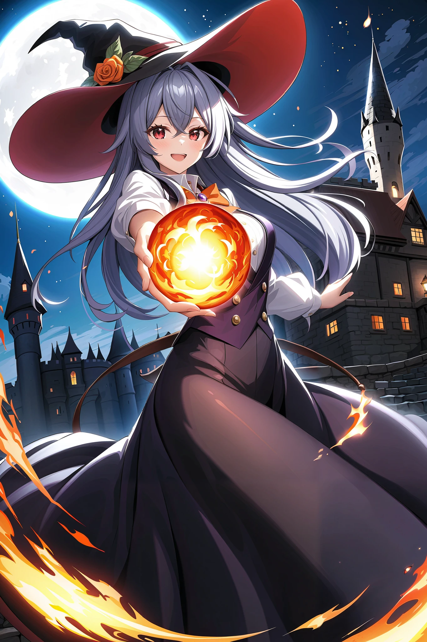 source_anime, Cinematic,1 girl,dynamic dancing,A shiny glowing huge fire ball on the hand,
silver long hair, red eyes,
(A big purple Wide-brimmed hat with an orange ribbon),
dress shirt,black long skirt,black tights,Black high heels,
Brooch on chest, break ,
CASTLE TOWN ON A FULL MOON NIGHT,moonlight,(Blue magic circle in the background:1.1),Illuminate the subject,fire effect,
break ,
beautiful shining transparent red eyes,
eye high light, smiles,(cheerful,enjoy:1.2),
break ,
newest,COMPLETE ANATOMY,insanely detailed,masterpiece,best quality,detailed face,ultra-detailed face,very aesthetic,absurdres,