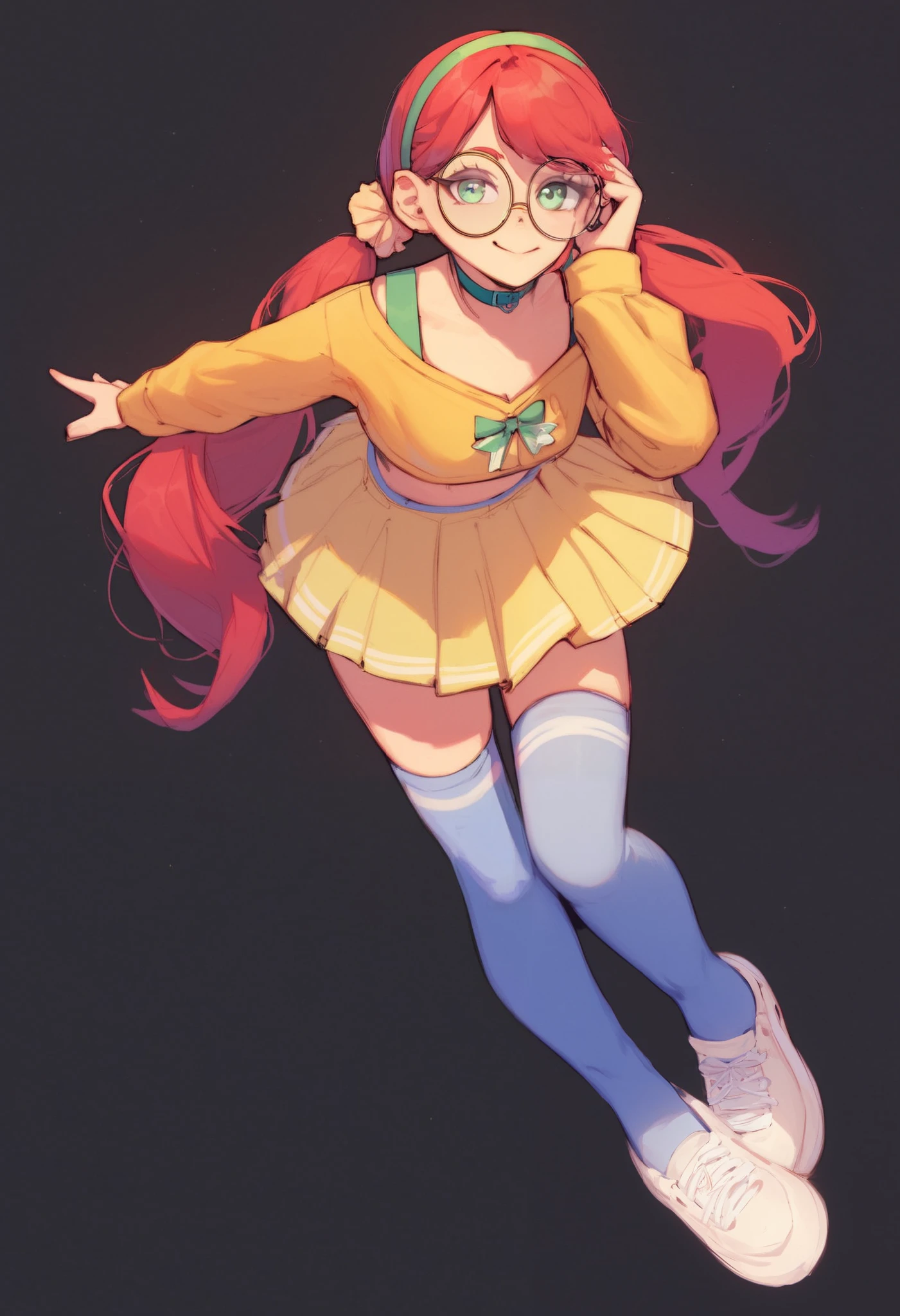 1girl,red hair,long hair,twintails,hair scrunchie,green eyes,red hairband,green collar,beige yellow shirt,long sleeves,beige yellow skirt,pleated skirt,white thighhighs,blue socks,white footwear,miniskirt,shoes,crop top,solo,thighhighs,skirt,jewelry,choker,ribbon choker,closed smile,leaning forward,looking at viewer,thigh highs,black background,masterpiece,best quality,from_below,round glasses