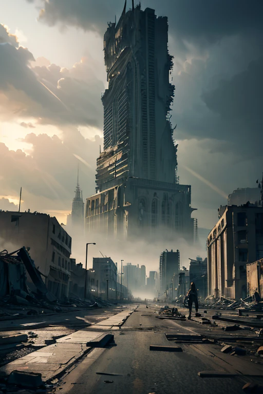 There is a man standing in front of a tall building, digital concept art of dystopian, inspirado em Ismail Inceoglu, em uma paisagem urbana arruinada, bipe de recuo, 3 d render bipe, cinematic beeple, in a post apocalyptic city, paisagem urbana arruinada ao ar livre, No estilo de arte de Filip Hodas, dystopian digital art