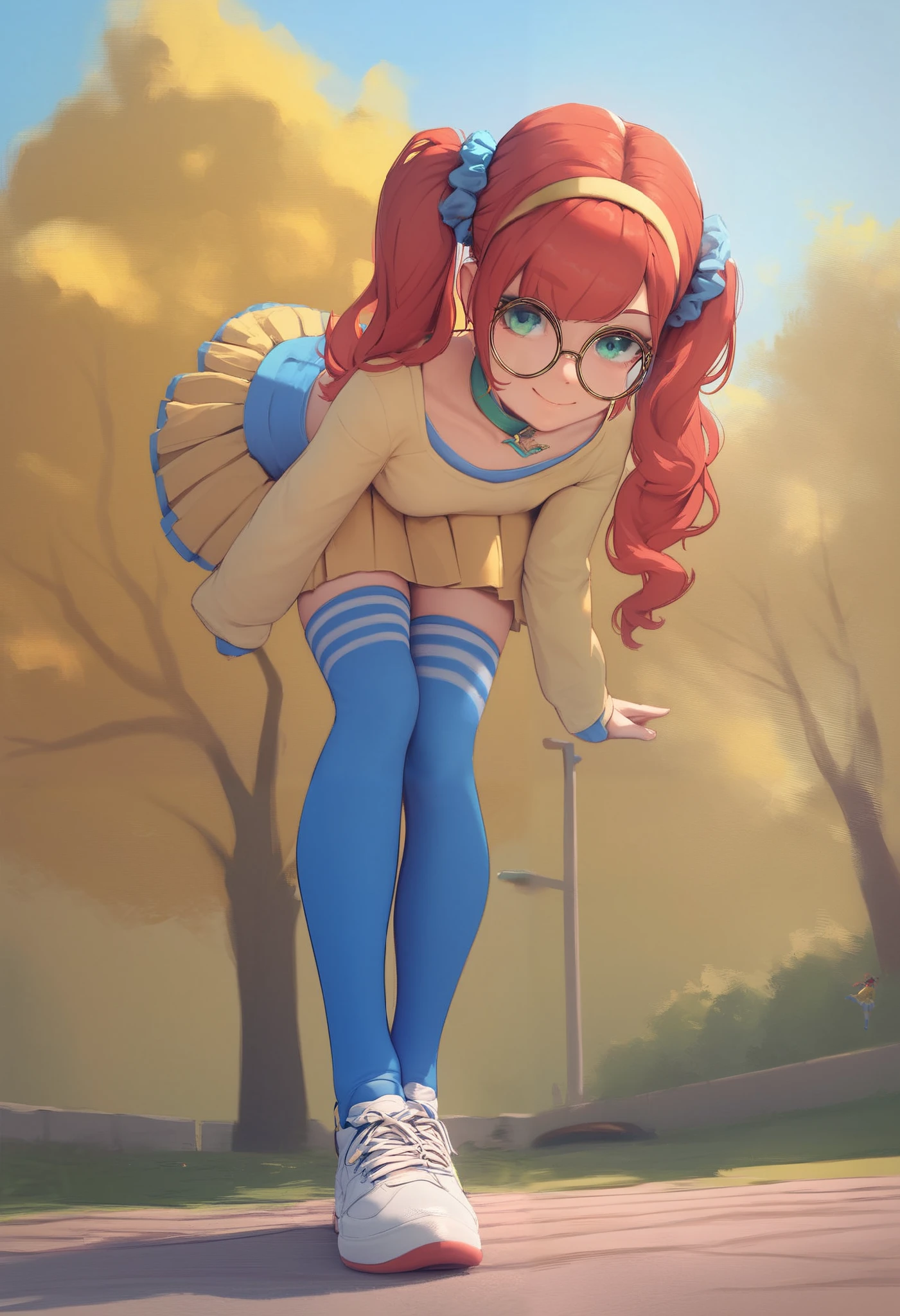 1girl,red hair,long hair,twintails,hair scrunchie,green eyes,red hairband,green collar,beige yellow shirt,long sleeves,beige yellow skirt,pleated skirt,white thighhighs,blue socks,white footwear,miniskirt,shoes,crop top,solo,thighhighs,skirt,jewelry,choker,ribbon choker,closed smile,leaning forward,looking at viewer,thigh highs,park background,masterpiece,best quality,from_below,round glasses