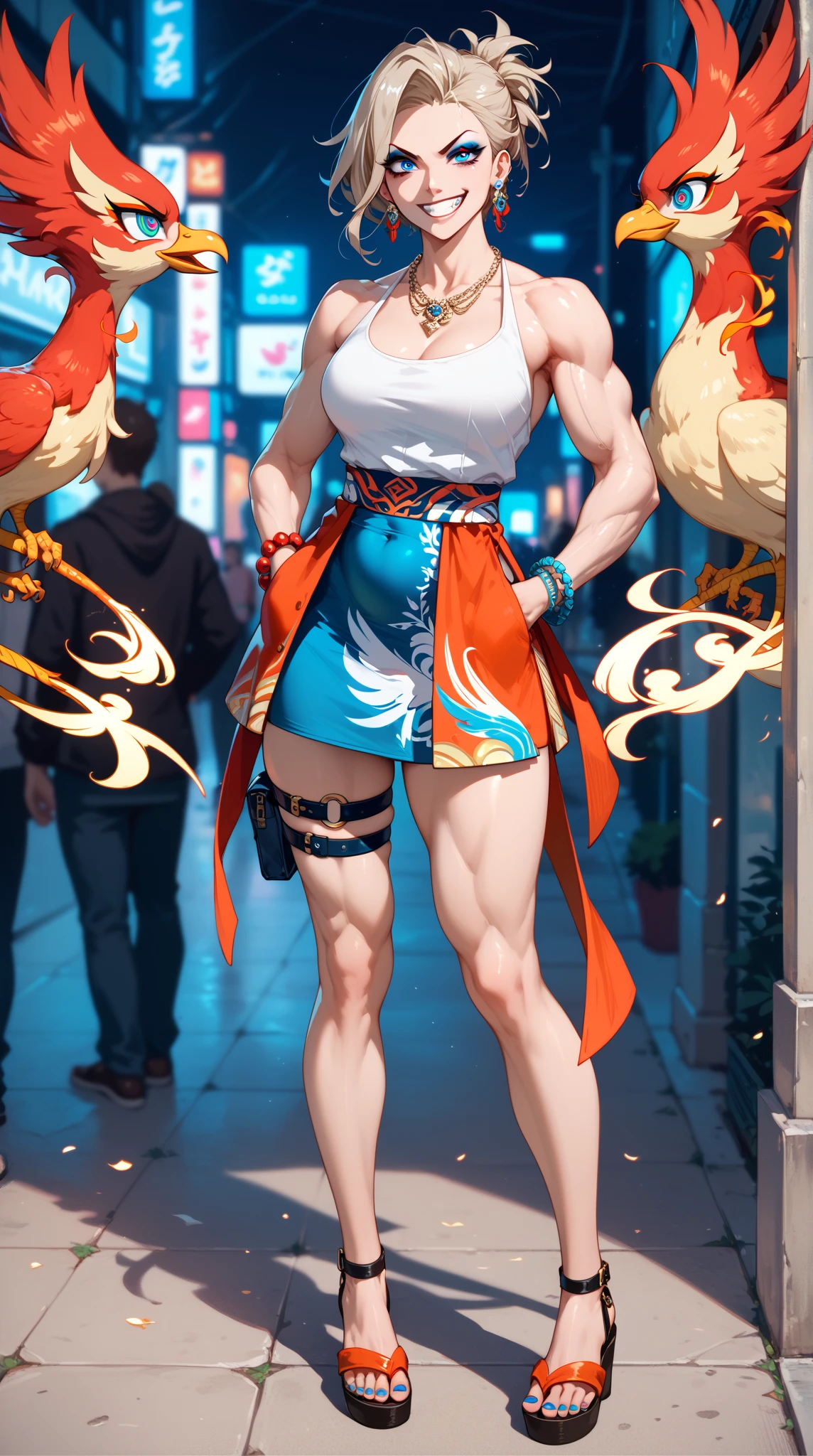 A beautiful anime girl, very beautiful face, happy face, smiling, short two-tone hair, He has a Dragon Ball in his hand, orange eyes, very detailed eyes, dynamic pose, beautiful body, very small breasts, big thighs, cropped t-shirt with print , shows the navel, short pleated skirt, thigh high socks, beautiful body femenino, body 1:3 , walk down a street at night, house lights, full moon background, maximum quality, Perfect anatomy, masterpiece, HD, well detailed