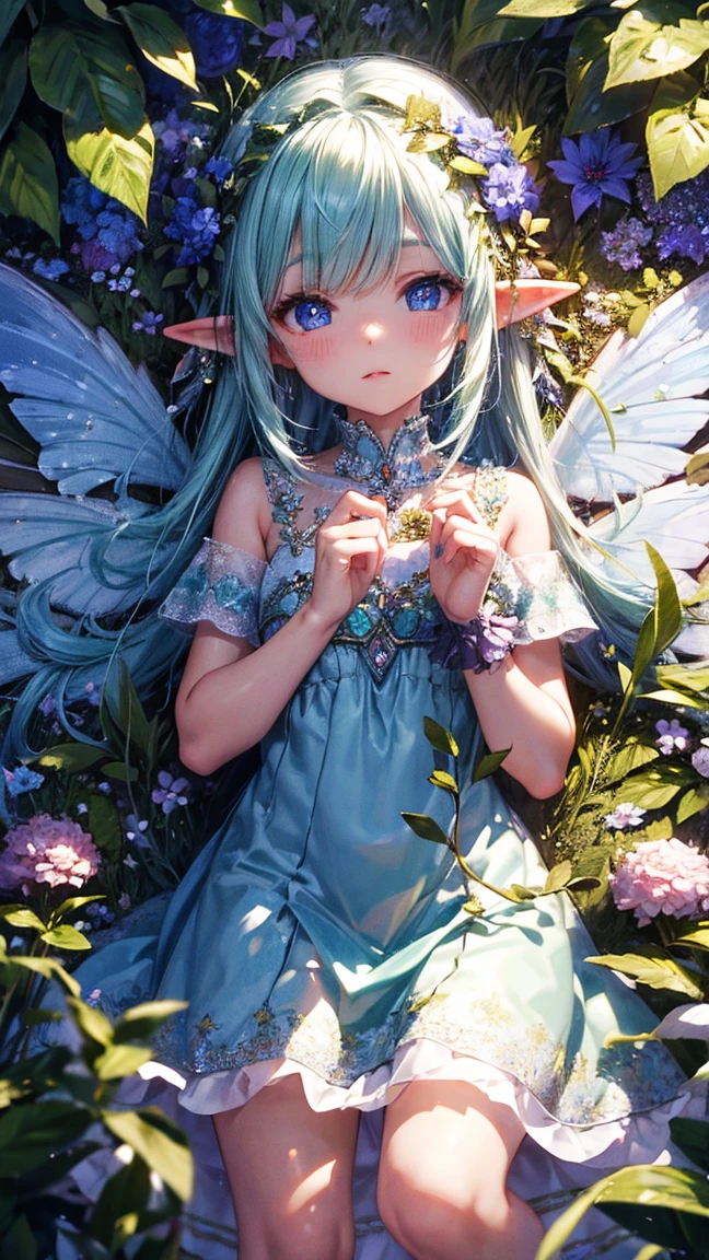 cute little fairy, transparent wings, transparent emerald green fairy wings, blue and purple long hair, pointed ears, flower crown, dress made of leaves, lots of flowers, leaves, sitting on a big leaf, leaves, big flower, flower crown, sunlight, sitting, sparkling, light