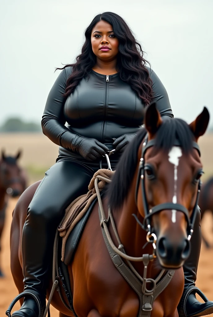 ((best quality)), ((masterpiece)), (detailed), 1 woman, ebony skinned. (green hair} ((((BLACK HAIR)))). full body view. nudiding on a big draft horse in full view. grass field
