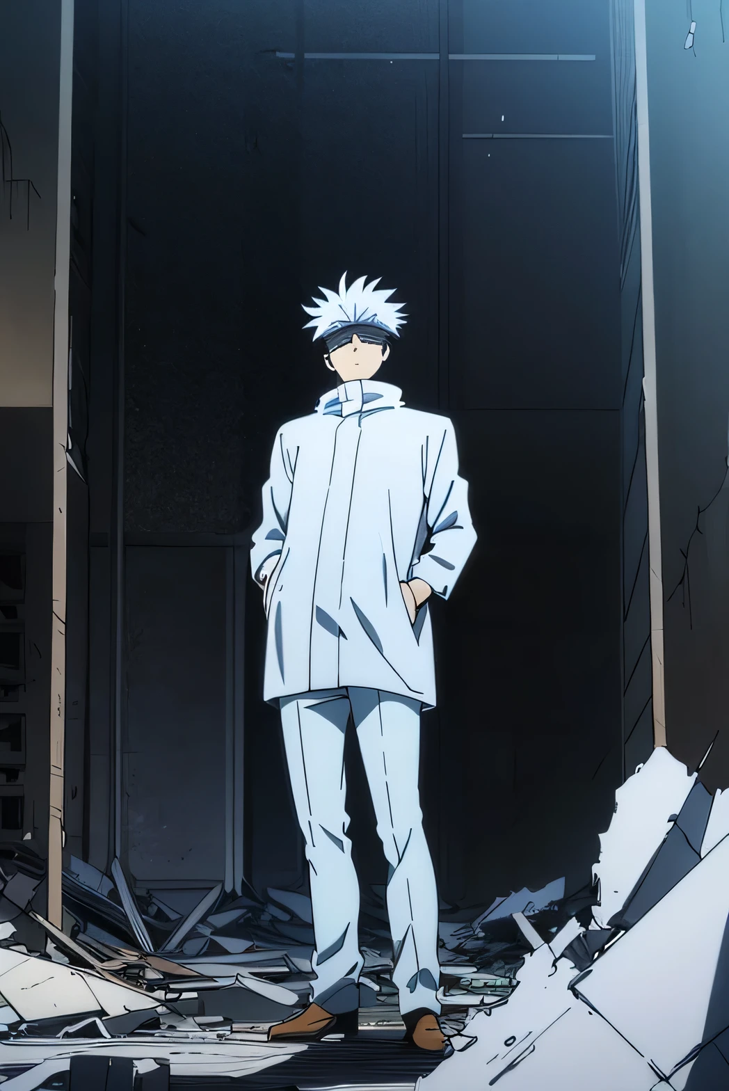 man,satoru gojo, wearing a white tunic, standing, in the middle of a destroyed city, 2d, mnaga style color, comic,
