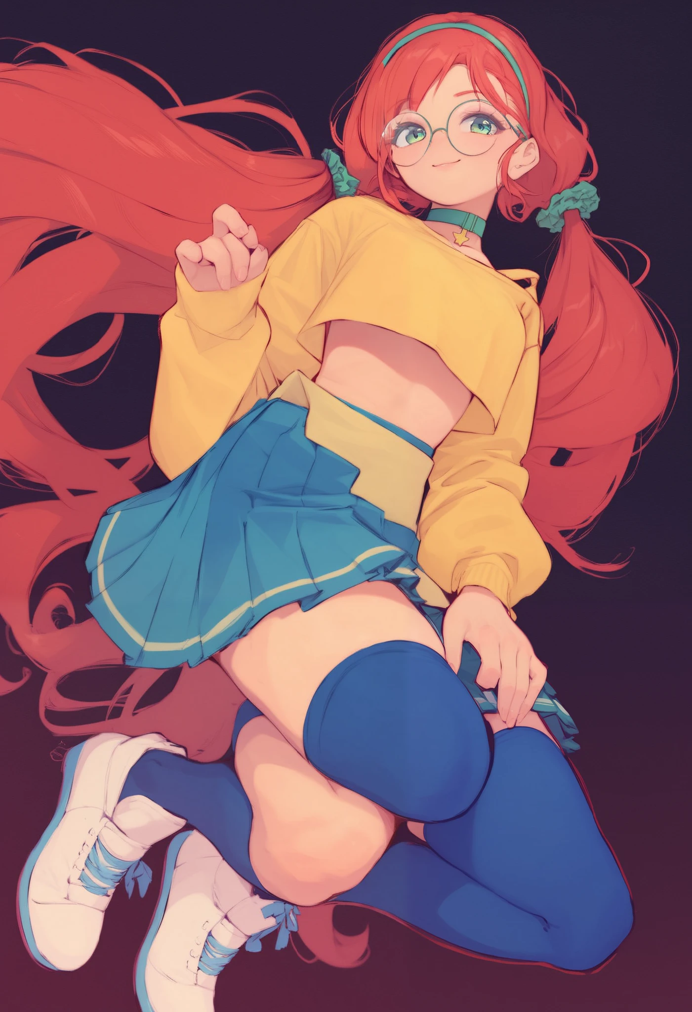 1girl,red hair,long hair,twintails,hair scrunchie,green eyes,red hairband,green collar,beige yellow shirt,long sleeves,beige yellow skirt,pleated skirt,white thighhighs,blue socks,white footwear,miniskirt,shoes,crop top,solo,thighhighs,skirt,jewelry,choker,ribbon choker,closed smile,looking at viewer,thigh highs,black background,masterpiece,best quality,from_below,round glasses,mita style