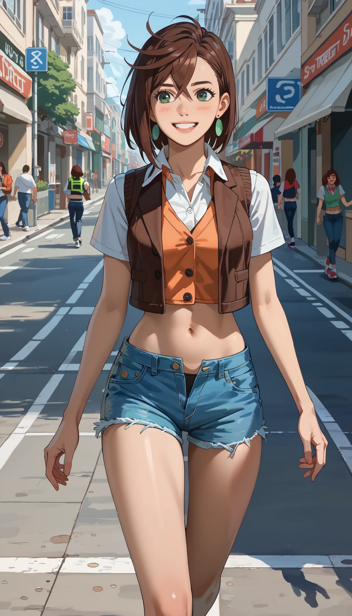 rape, momo ayase, short hair, brown hair, green eyes, happy smile, (girl walking down the street: 1.6), (pretty and well-shaped face: 1.5), (crop top, vest unbuttoned in front: 1.6), (denim shorts: 1.5), loud onomatopoeic speech, bright sunny day, full-length rear view