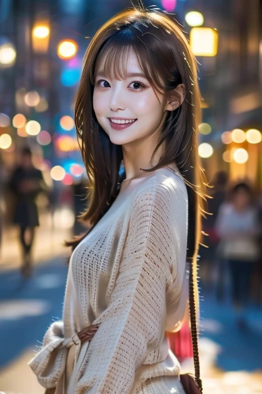 masterpiece、1 beautiful girl、detailed eye、puffy eyes、highest quality, 超A high resolution, (reality: 1.4), movie lighting、Japanese、asian beauty、Super beautiful、beautiful skin、Slender、body turns forward、(surreal)、(High resolution)、(8K)、(very detailed)、(beautiful detailed eyes)、(super detailed)、 (wall-)、(natural smile）、detailed face、bright lighting、professional lighting、looking at the viewer、look straight ahead、(The costume is a knit dress)、long hair, hair is dirty, asymmetrical bangs, 、night scene、brown hair、japanese idol、korean idol、Gravure idol pose、、19 years old、expensive,