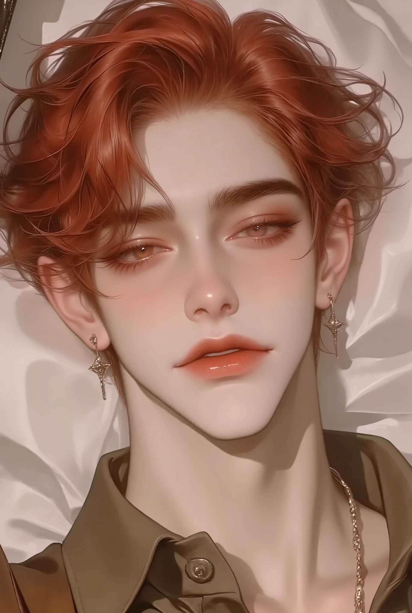 Korean male, brown eyes , red hair, Very red hair, short hair, CURLY HAIR, brown sweatshirt, close up, close no rosto