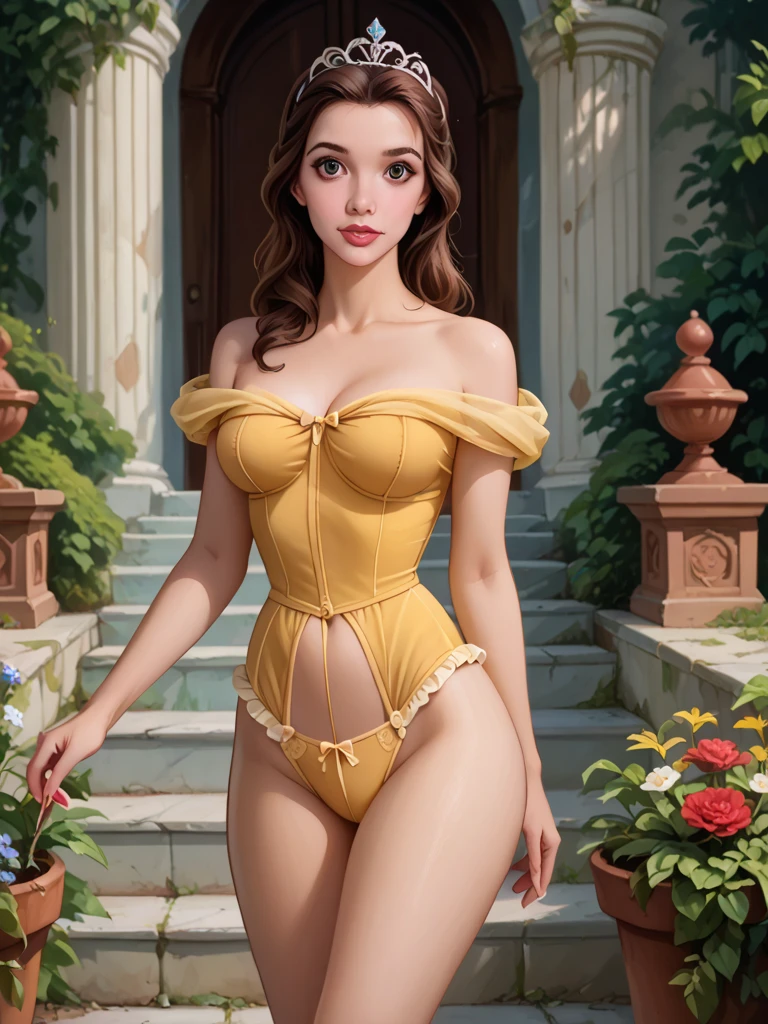 Belle of disney, sexy ass, vista de costas, on the porch of a castle, big ass, dressed lingerie, pernas grossas, long hais, perfect face