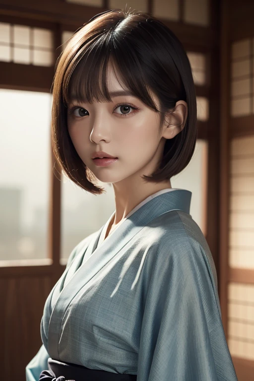 (ultra-realistic), (figure), (High resolution), (8k), (Very detailed), (Best figure), (Beautiful and detailed), (Highest quality), (Super detailed), (masterpiece), (wallpaper), (Detailed face), alone, One Girl, watching viewer, Trendy clothes,White T-shirt、Less exposure、Fine details, Detailed face, In the Dark, Deep Shadow, modest, Pure Erotic Face Ace_v1, cool, short hair, Pointed diagonal bangs,kimono、Fireworks in the night sky、night、Pensive