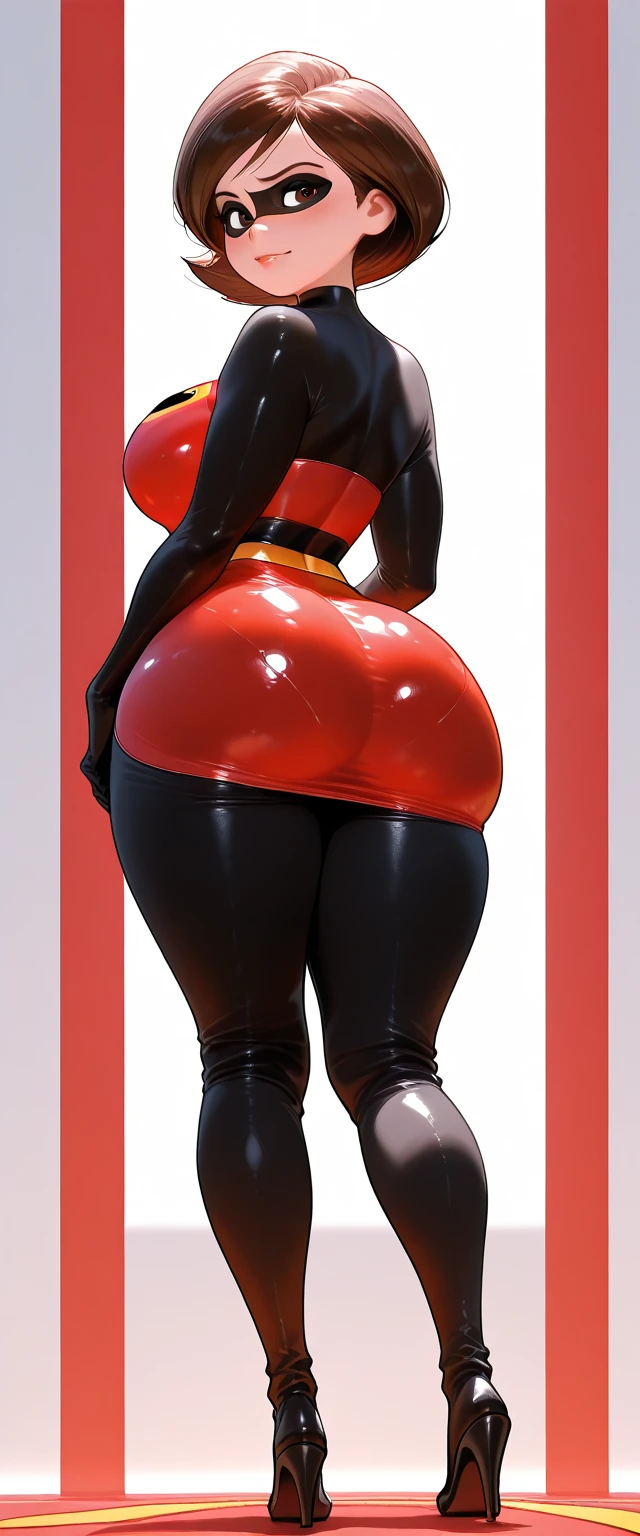 masterpiece, best quality, 1girl, solo, invisible, leather, pink shirt ((((no humans)))), (headless), faceless, empty clothes, anime, curves, medium breast, from behind, butt, back, back view, focus on butt