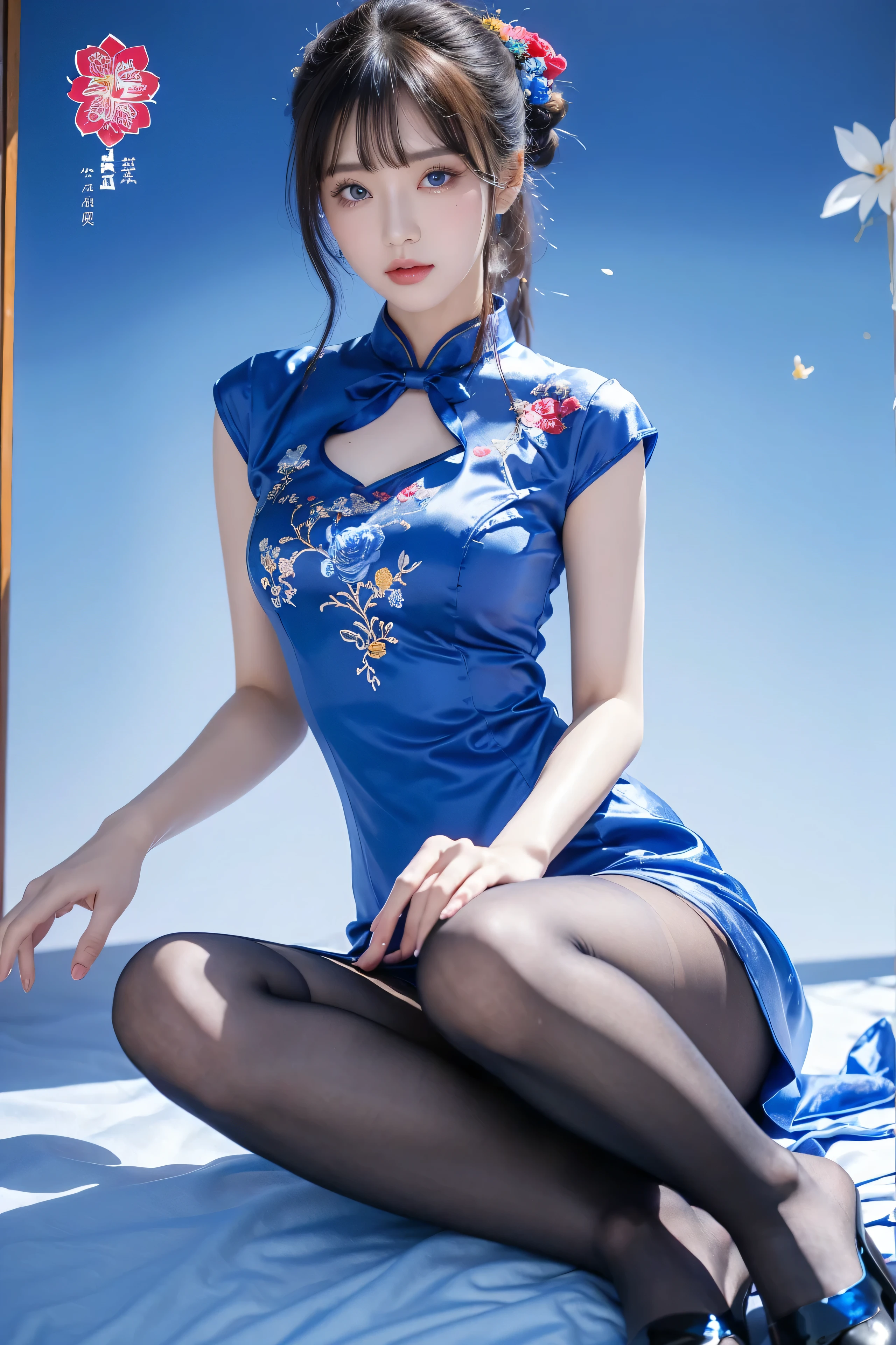 ulzzang-6500-v1.1, (raw photo:1.2), (photorealistic:1.4), beautiful detailed girl, very detailed eyes and face, beautiful detailed eyes, ridiculous, incredibly ridiculous, huge file size, super detailed, high resolution, very detailed, best quality, masterpiece, ((cheongsam)), illustration, very detailed, CG, unified, 8k wallpaper, amazing, fine detail, masterpiece, best quality, Very detailed CG unified 8k wallpaper, face light, movie lighting, 1girl, 16 years old, ((no panties)), ((dynamic pose))), (camel toe), (half), (pantyhose), (bent knees and legs sitting))